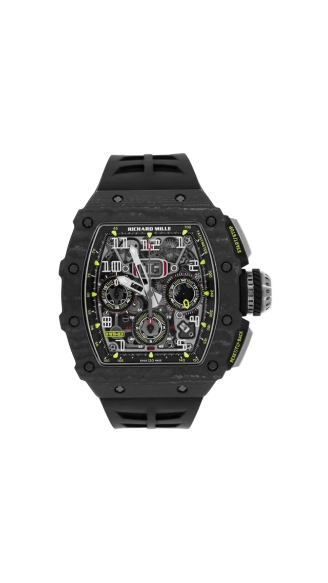 Richard Mille RM11-03 Carbon NTPT luxury watch with black carbon fiber case and skeleton dial, showcasing intricate craftsmanship.