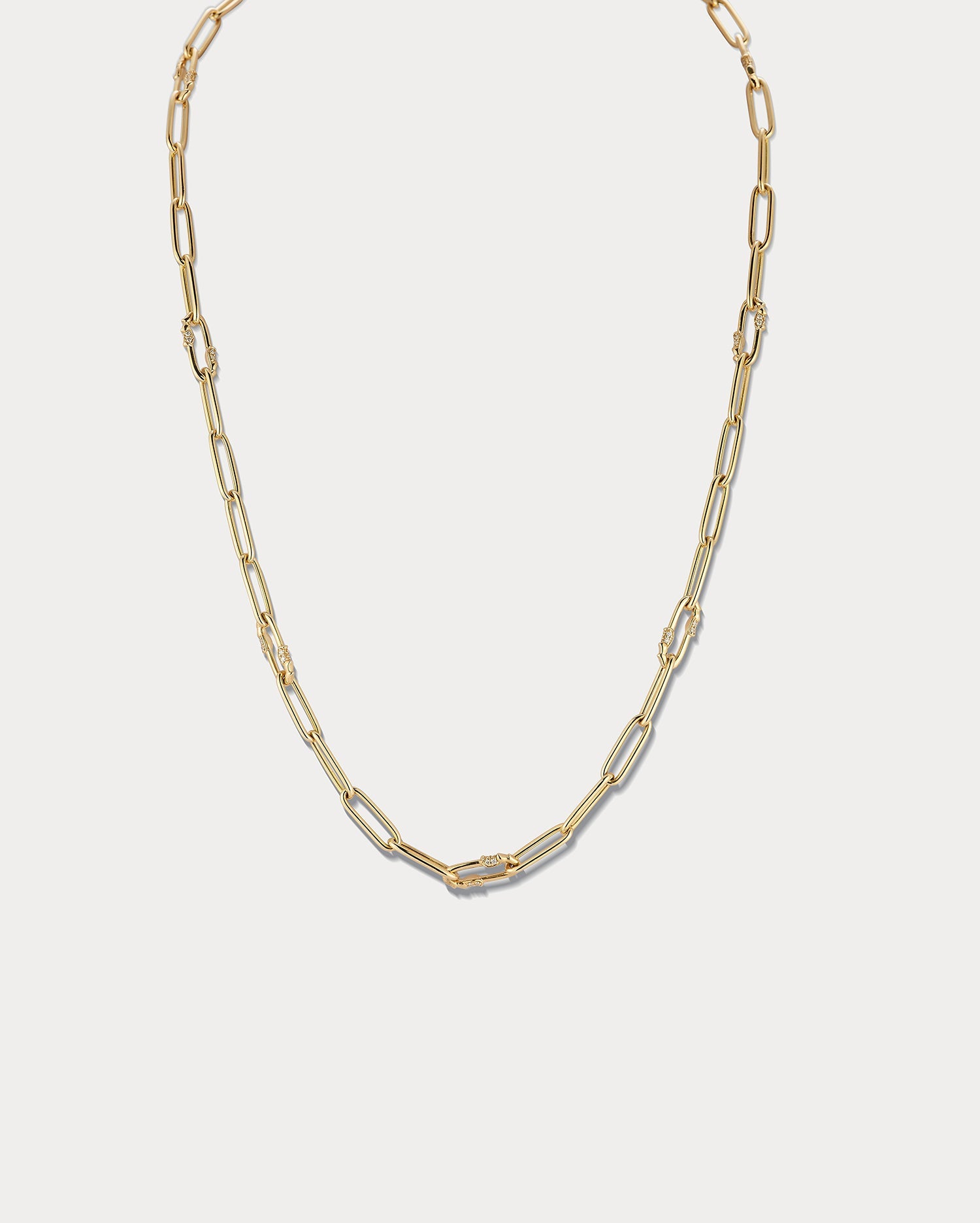 Yellow gold and diamond mixed link necklace by Ammrada, 16-inch length, showcasing shimmering gold links and sparkling diamonds.