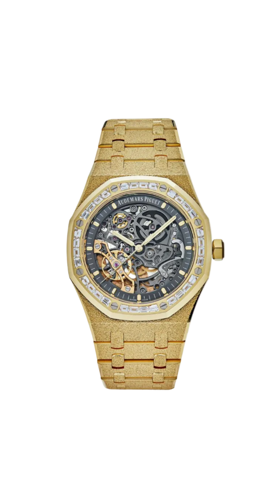 Audemars Piguet Royal Oak Openworked watch with frosted yellow gold case and visible skeleton dial, showcasing intricate craftsmanship.