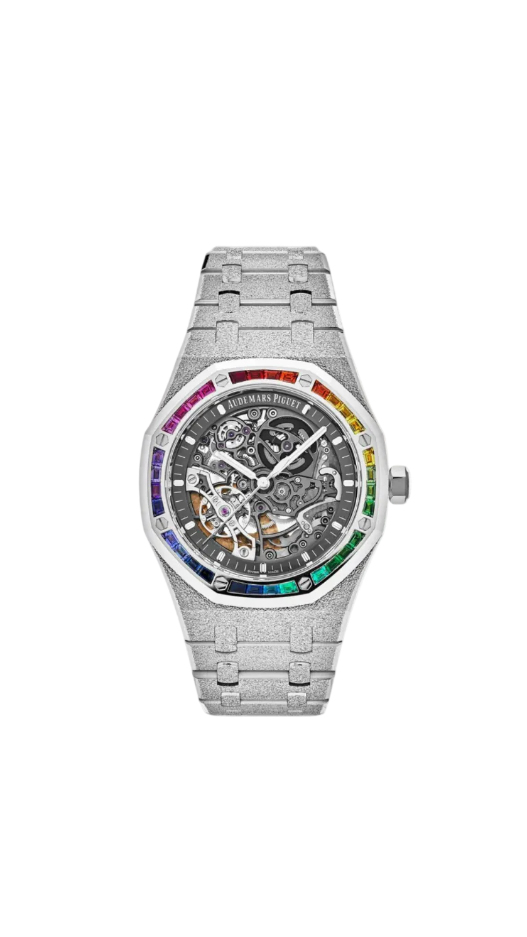 Audemars Piguet Royal Oak Openworked Rainbow Frosted White Gold watch with intricate skeleton dial and rainbow accents.