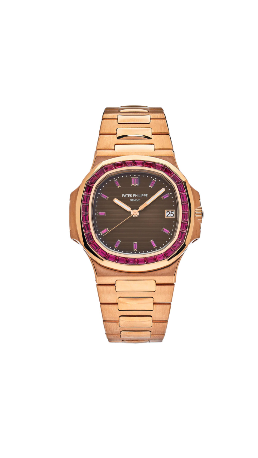 Patek Philippe Nautilus 5723/112R-001 luxury watch with ruby accents, gold case, and black dial, displayed on a leather strap.