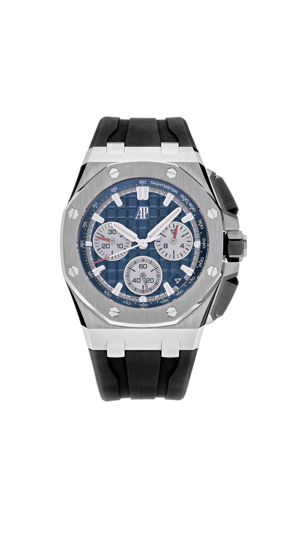 Audemars Piguet Royal Oak Offshore 43mm stainless steel watch with black dial and chronograph features.