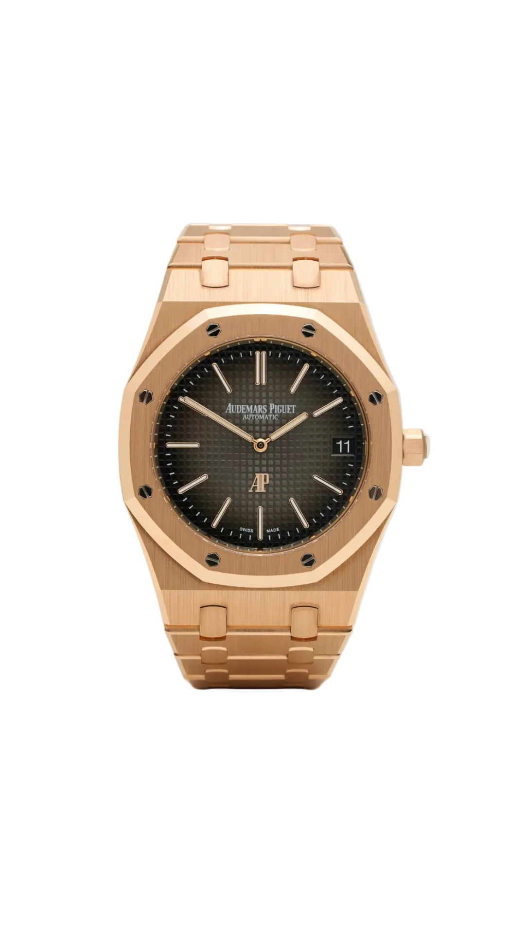 Audemars Piguet Royal Oak Jumbo watch with 18K rose gold case and bracelet, featuring a sleek, ultra-thin design and octagonal bezel.