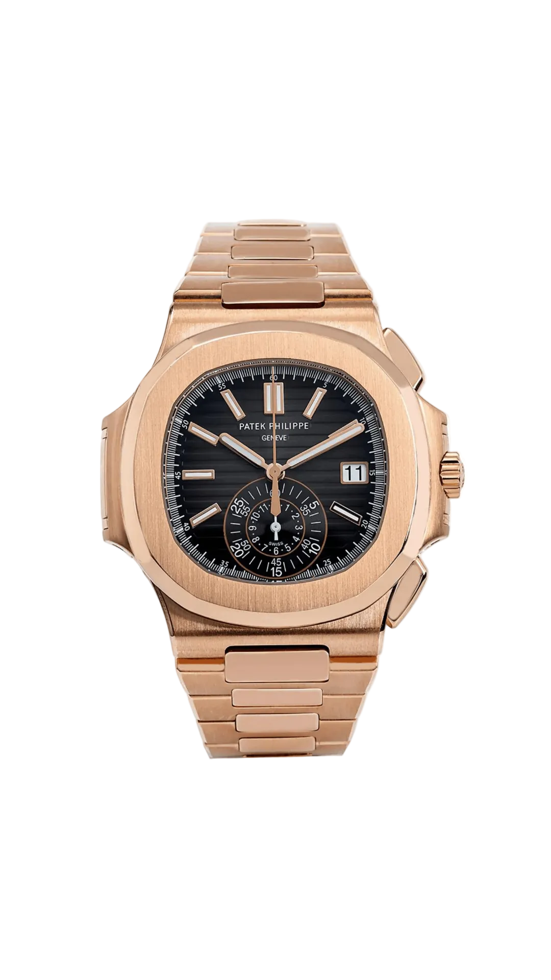 Gold Patek Philippe Nautilus 5980/1R luxury watch with stainless steel bracelet and chronograph features.