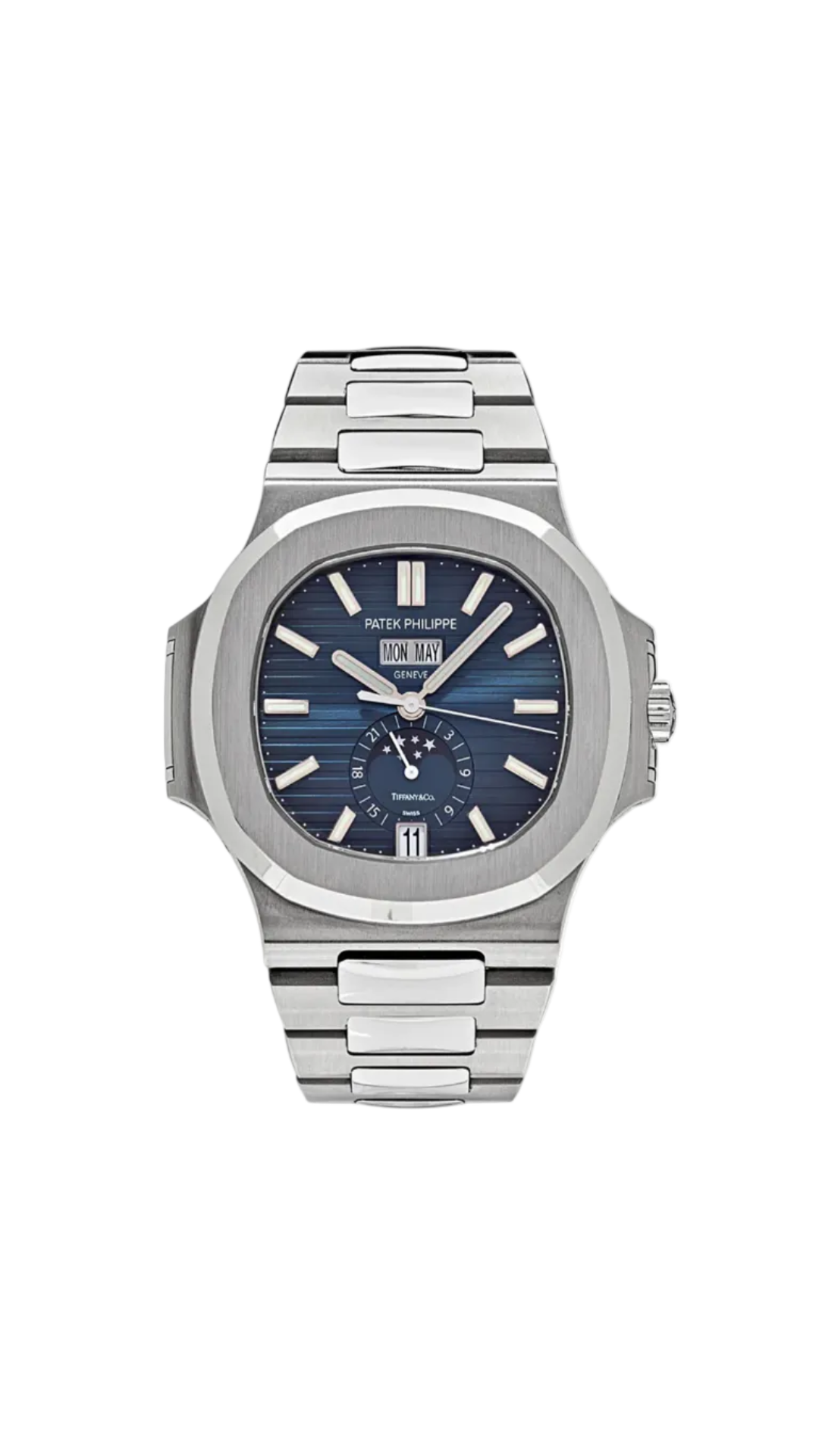 Patek Philippe Nautilus 5726/1A-014 Tiffany & Co luxury watch with stainless steel case and black dial.