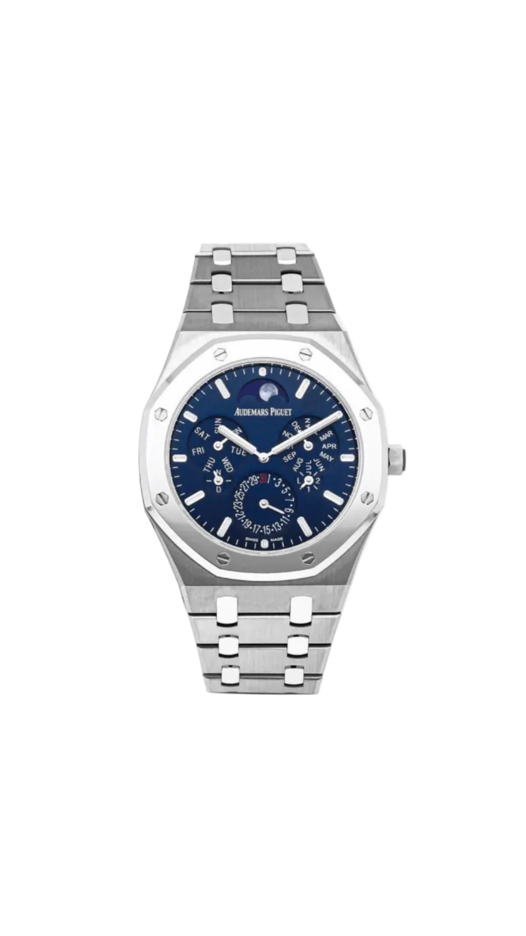 Audemars Piguet Royal Oak Ultra Thin Perpetual Calendar watch with stainless steel case and black dial featuring multiple subdials and date display