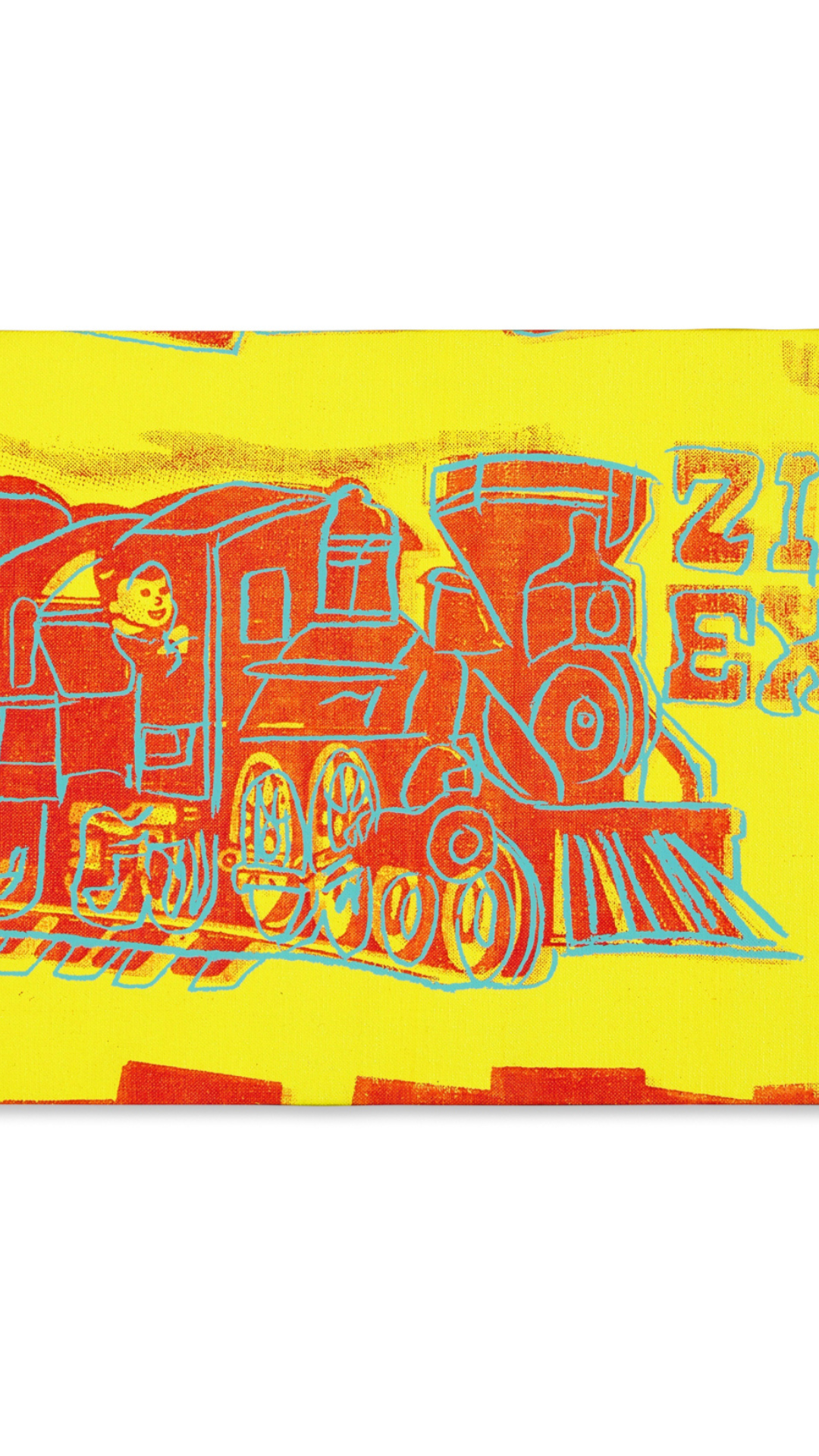 Andy Warhol ‘Train Toy’ painting by The VAULT, featuring vibrant colors and pop art style with a train motif.