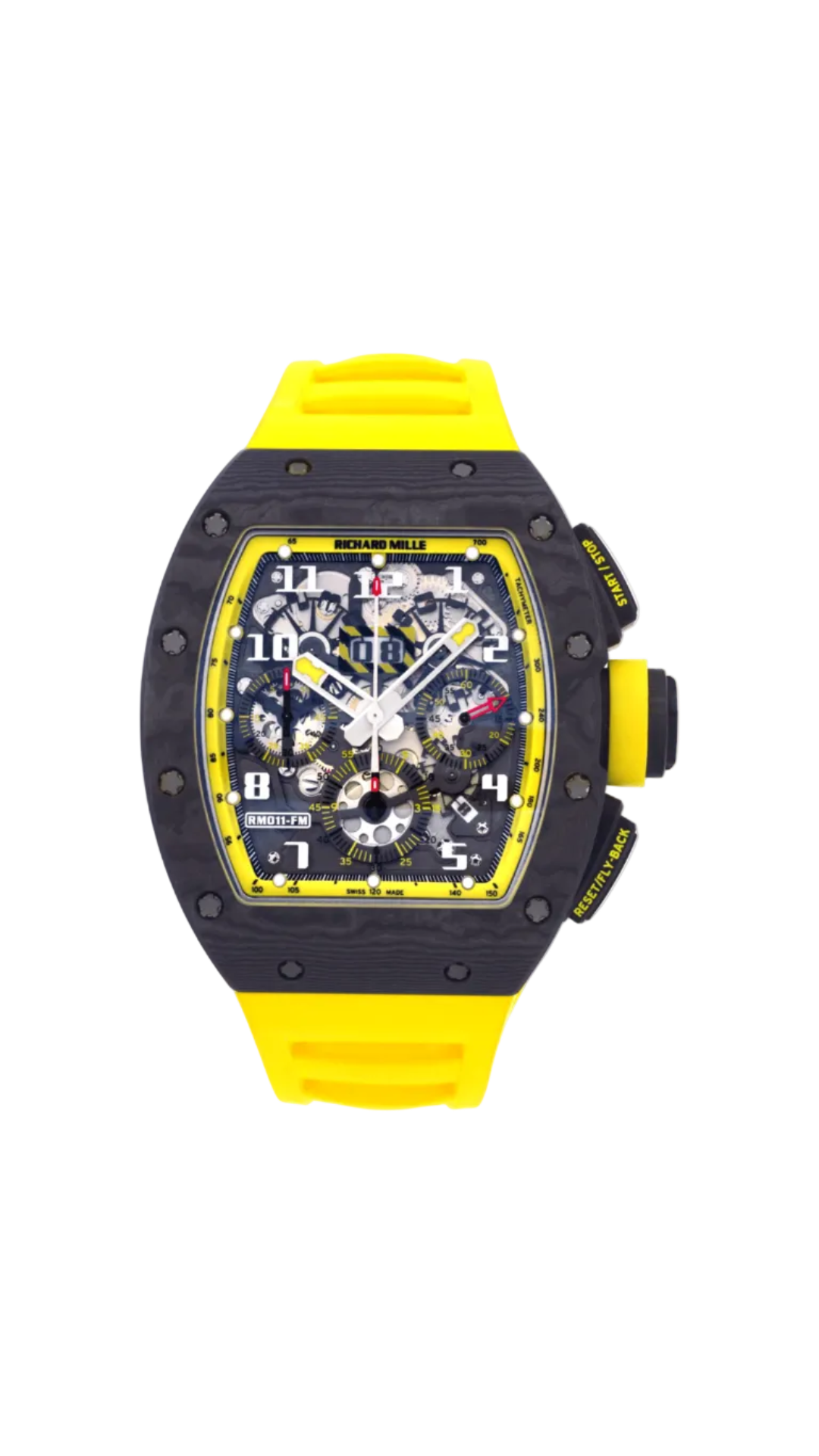 Richard Mille RM11 Yellow Storm watch with yellow and black dial, stainless steel case, and sporty design.
