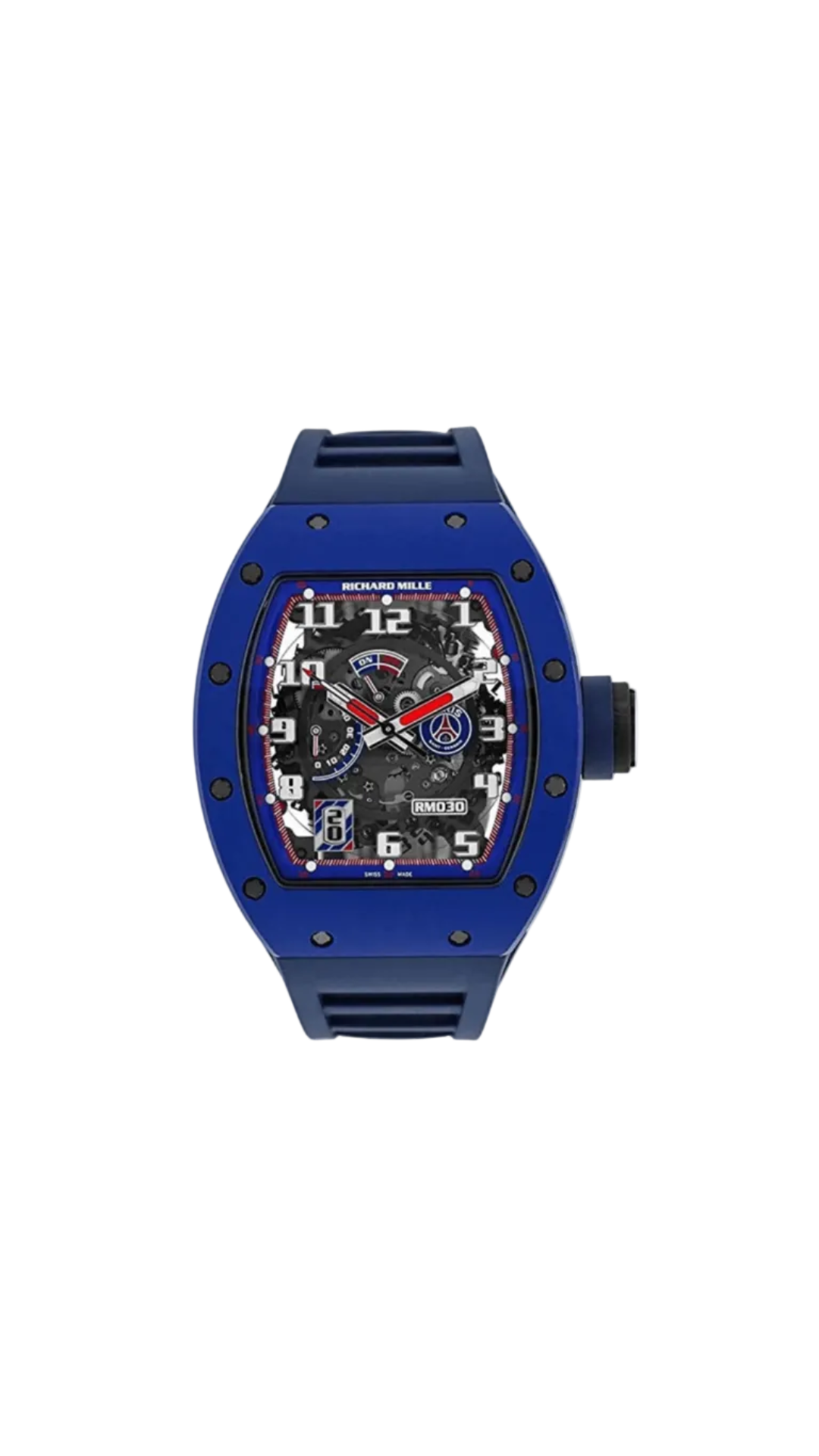 Richard Mille RM30 Paris Saint-Germain luxury watch by The VAULT, showcasing the watch face with PSG branding and intricate details.