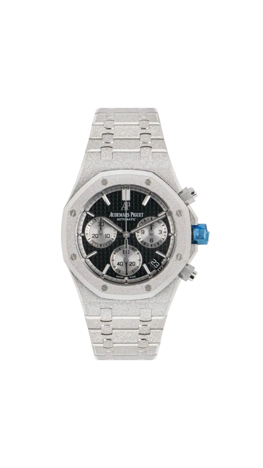 Audemars Piguet Royal Oak Chronograph watch with frosted finish, stainless steel case, and black dial featuring chronograph subdials.