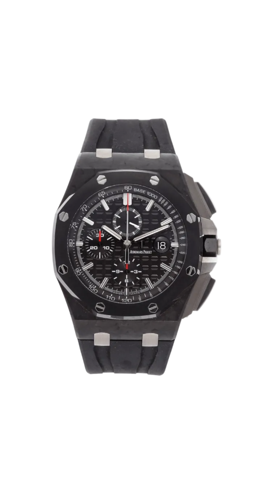 Audemars Piguet Royal Oak Offshore Carbon watch with black dial, sporty design, and stainless steel case.