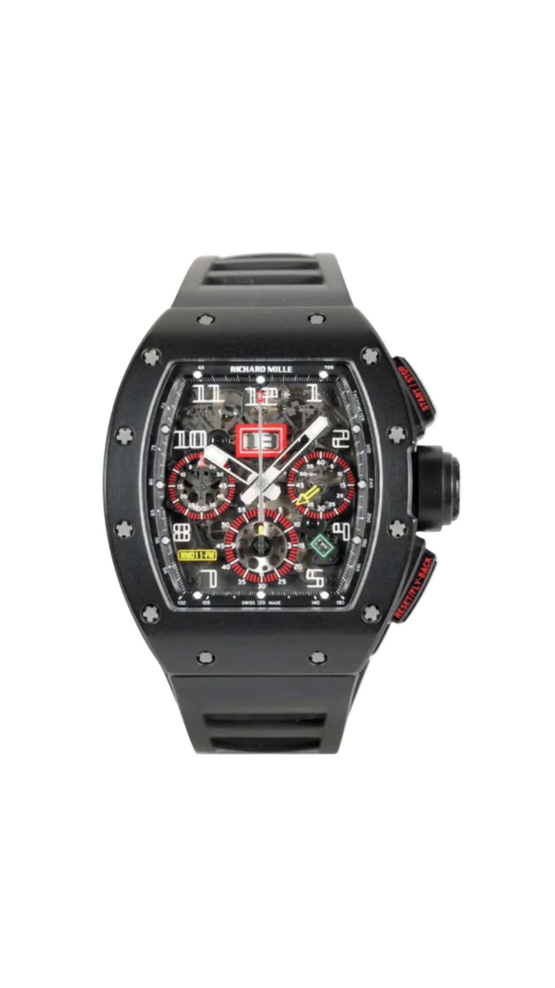 Richard Mille RM11 CA luxury watch with black strap and detailed dial, showcasing high-end Swiss craftsmanship.