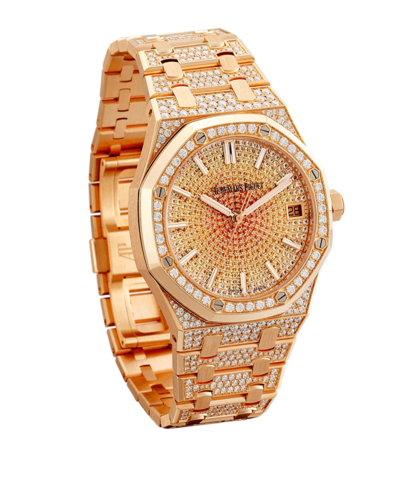 Audemars Piguet Royal Oak gold watch with octagonal bezel, silver dial, and bracelet, displayed on a white background.