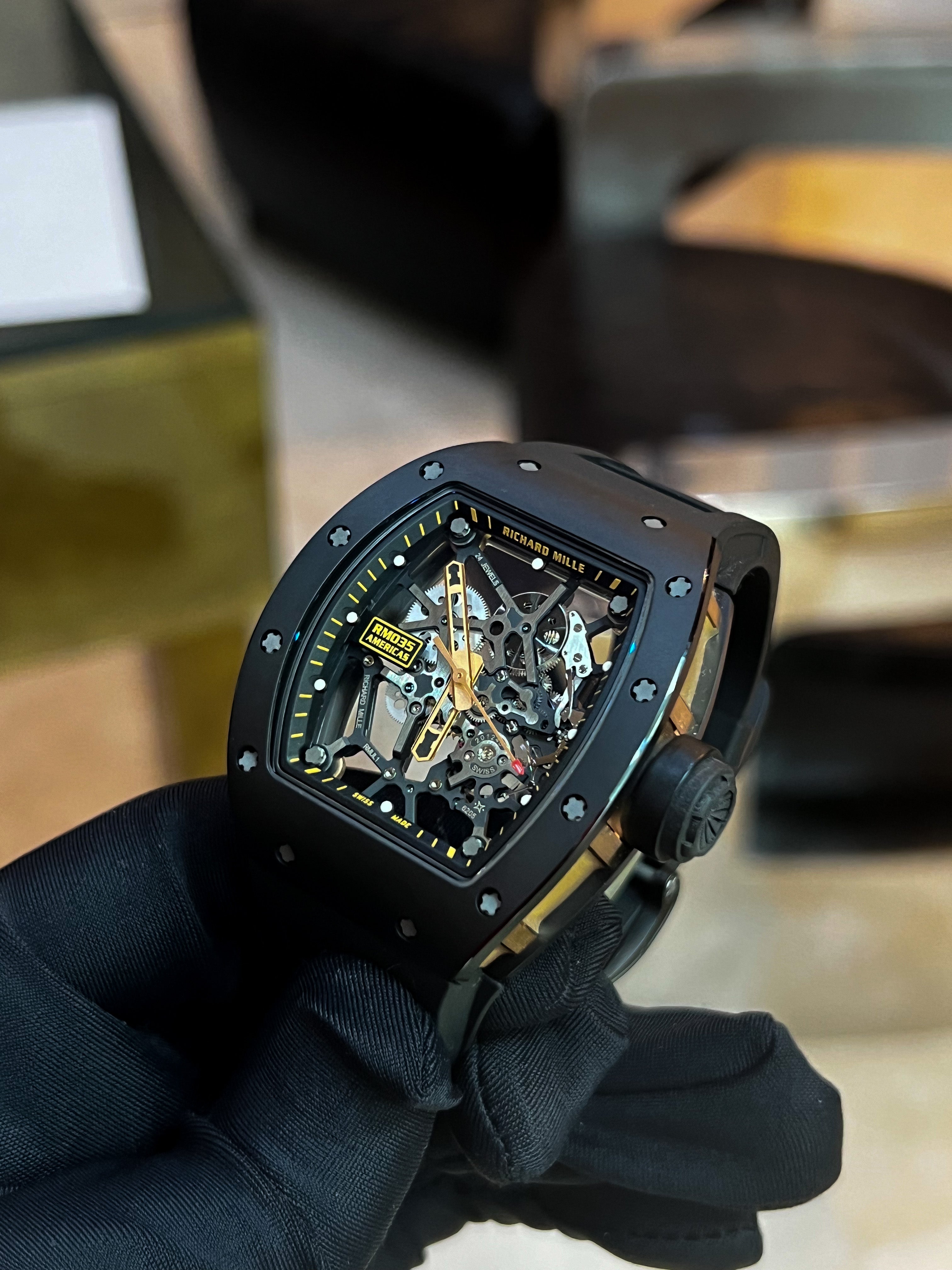 Richard Mille RM035 Americas Black Toro watch with black case and strap, detailed dial, and modern design.
