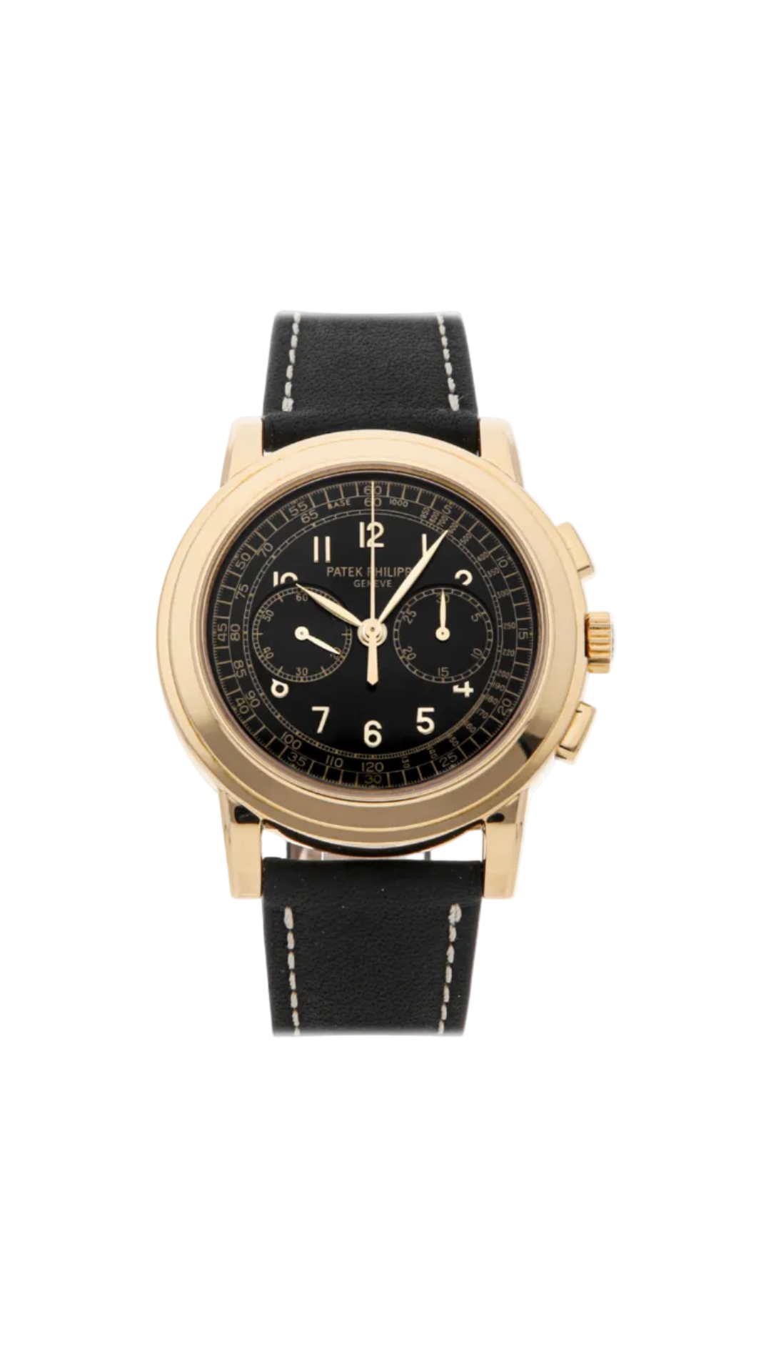 Yellow gold Patek Philippe Chronograph 5070J wristwatch with black dial and chronograph subdials.
