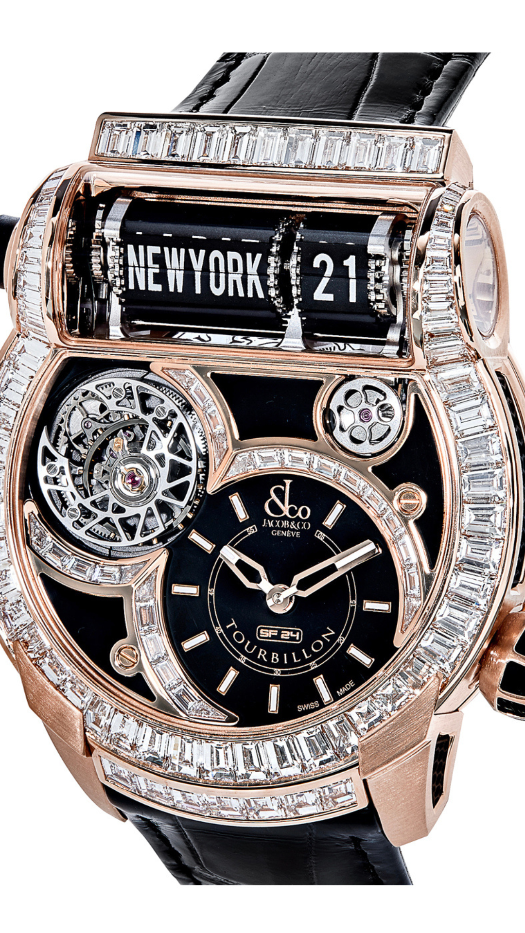 Jacob & Co Epic SF24 luxury wristwatch with black dial, gold accents, and stainless steel bracelet on a white background