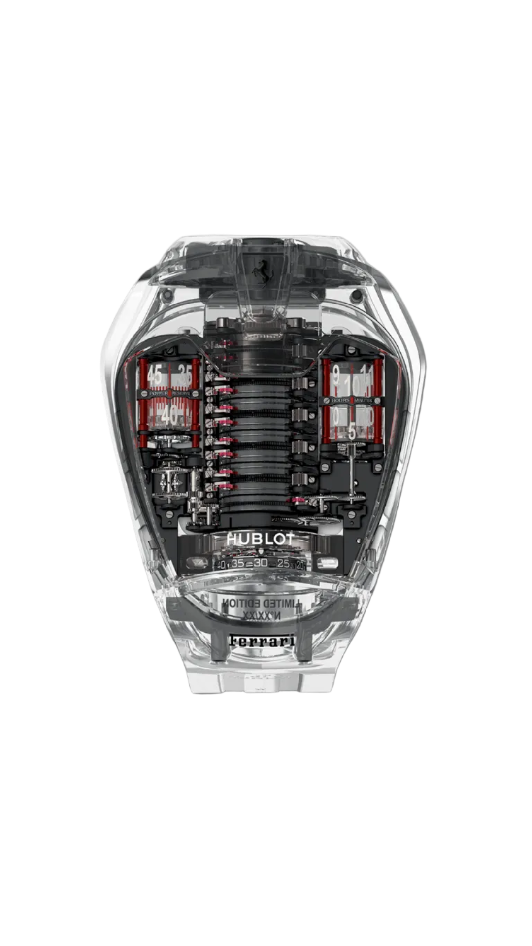 Hublot MP-05 Sapphire LaFerrari luxury watch with transparent sapphire case and intricate mechanical design.