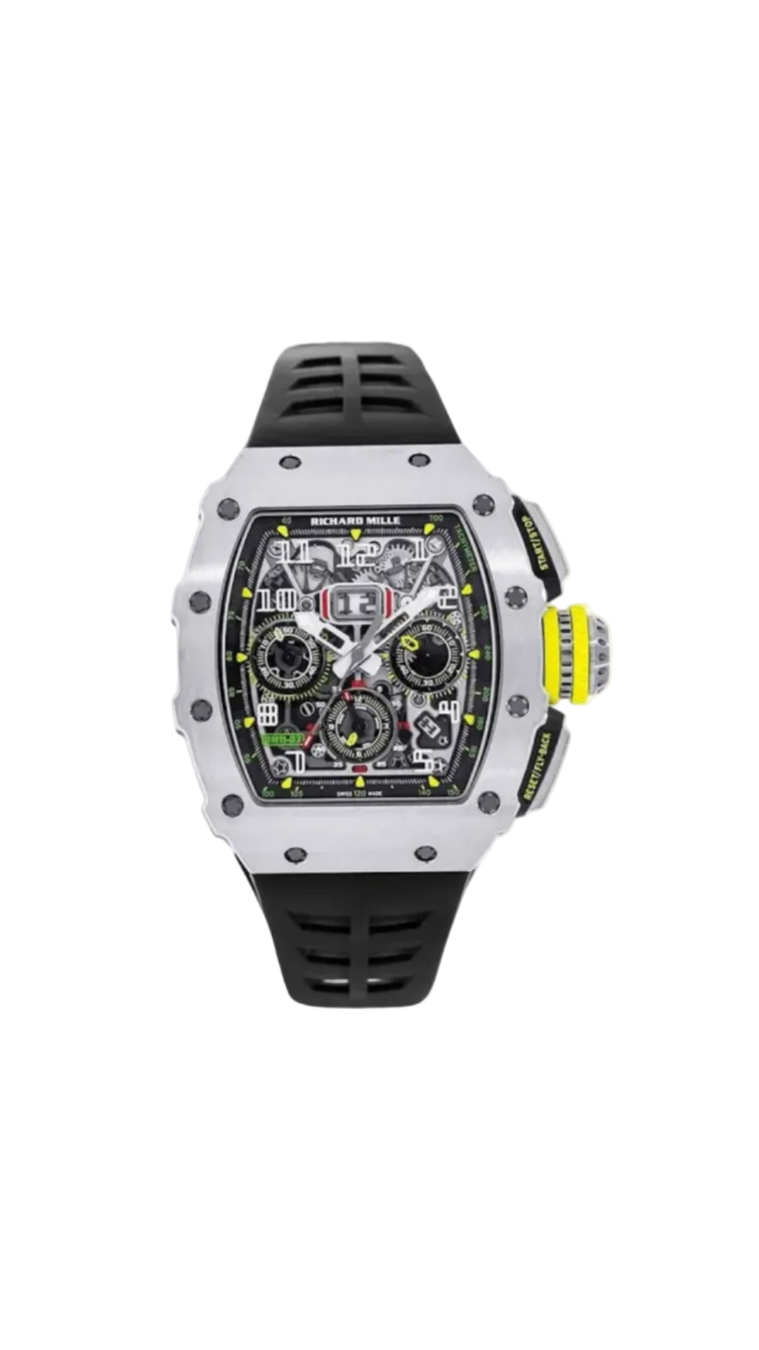 Richard Mille RM11-03 titanium luxury watch with skeleton dial and chronograph features, showcasing intricate design and craftsmanship.