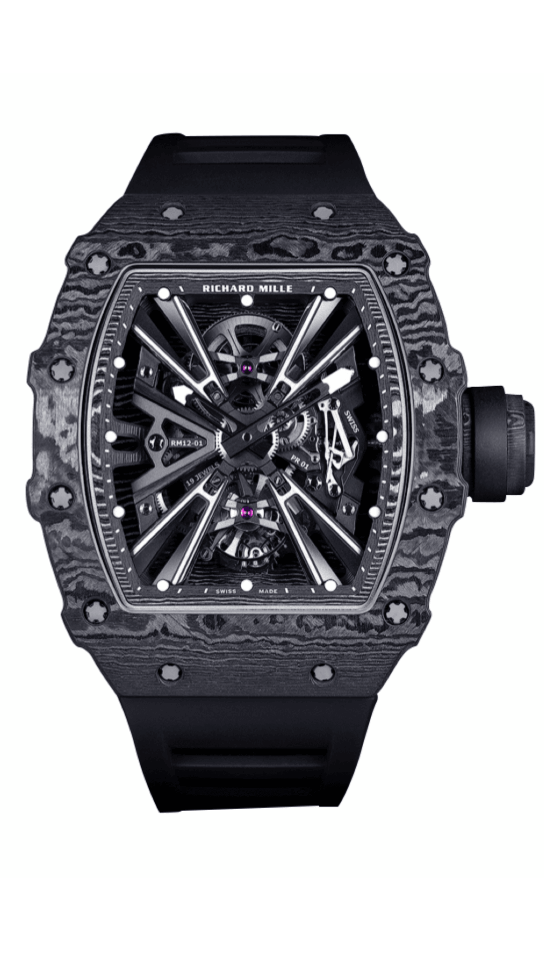 Richard Mille RM12 Black Carbon TPT watch with black rubber strap and skeleton dial, showcasing precision Swiss craftsmanship.