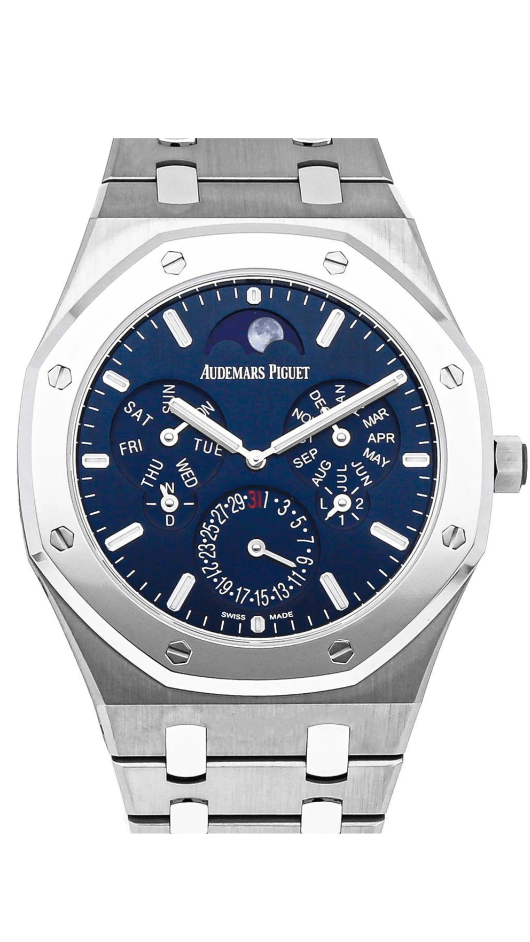 Audemars Piguet Royal Oak Ultra Thin Perpetual Calendar watch with silver dial and stainless steel case, detailed close-up image