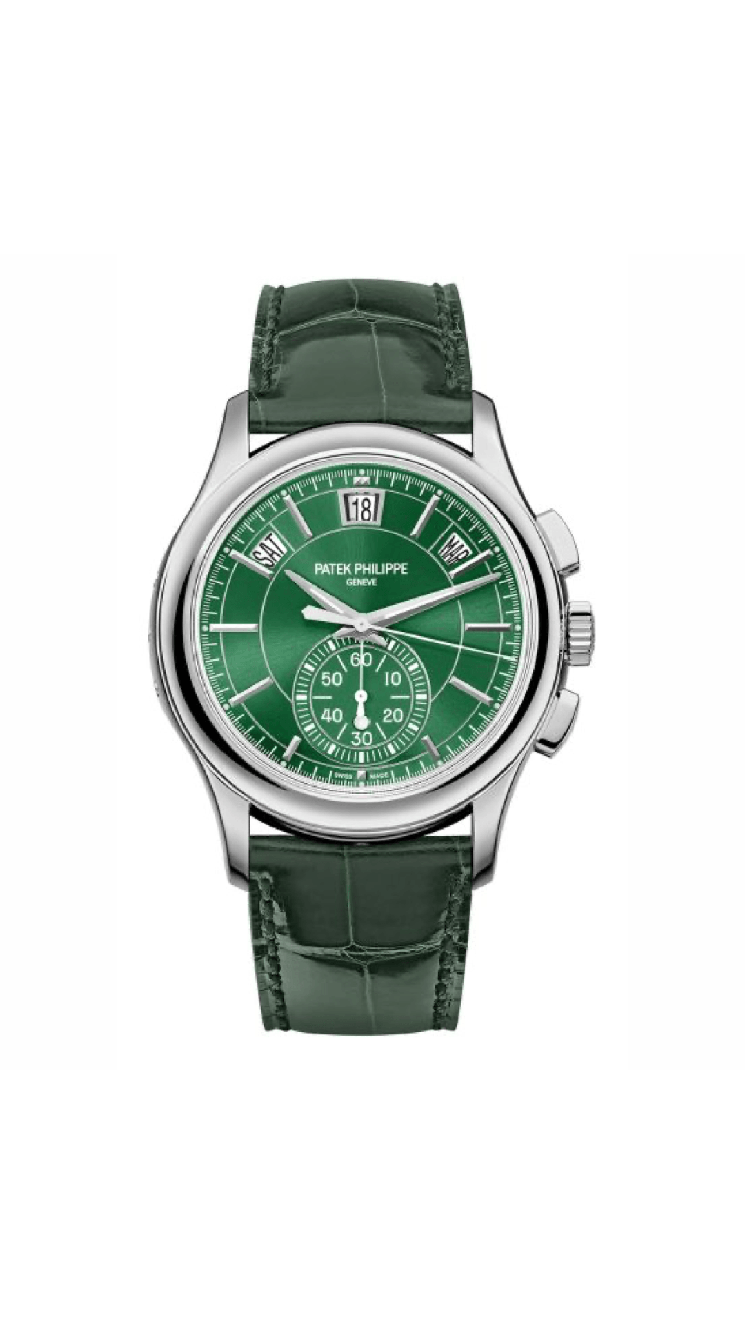 Patek Philippe Annual Calendar Chronograph 5905P-014 watch with blue dial and platinum case, displayed on a leather strap.