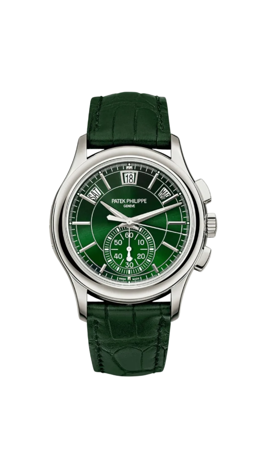 Patek Philippe Annual Calendar Chronograph 5905P-014 watch with blue dial and stainless steel case, displayed on a wrist.