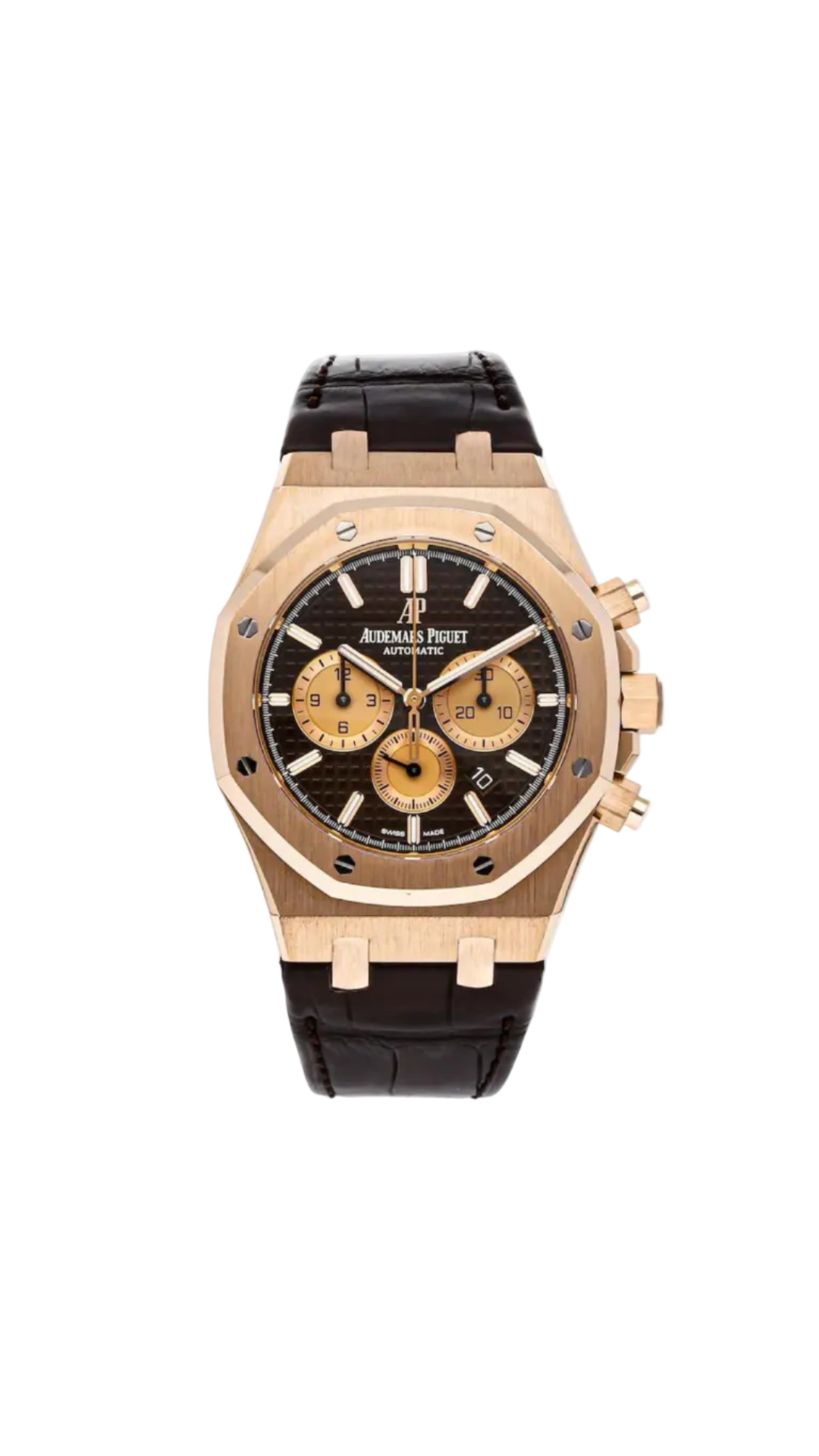 Audemars Piguet Royal Oak Chronograph watch with gold case, blue dial, and stainless steel bracelet.