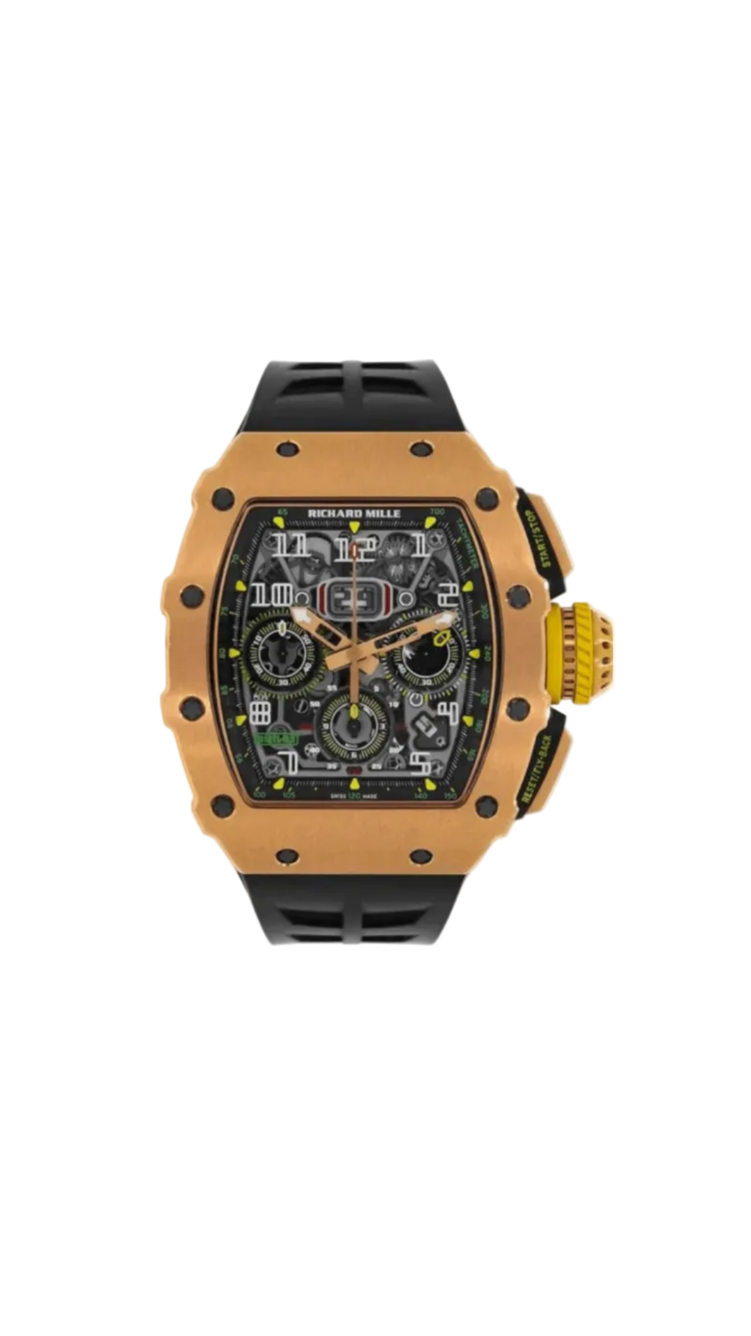 Richard Mille RM11-03 watch with full rose gold case and strap, featuring intricate dial details and luxury design.