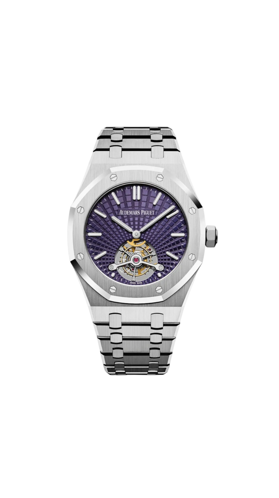 Audemars Piguet Royal Oak Extra Thin Tourbillon watch with purple dial and stainless steel case, showcasing intricate craftsmanship.
