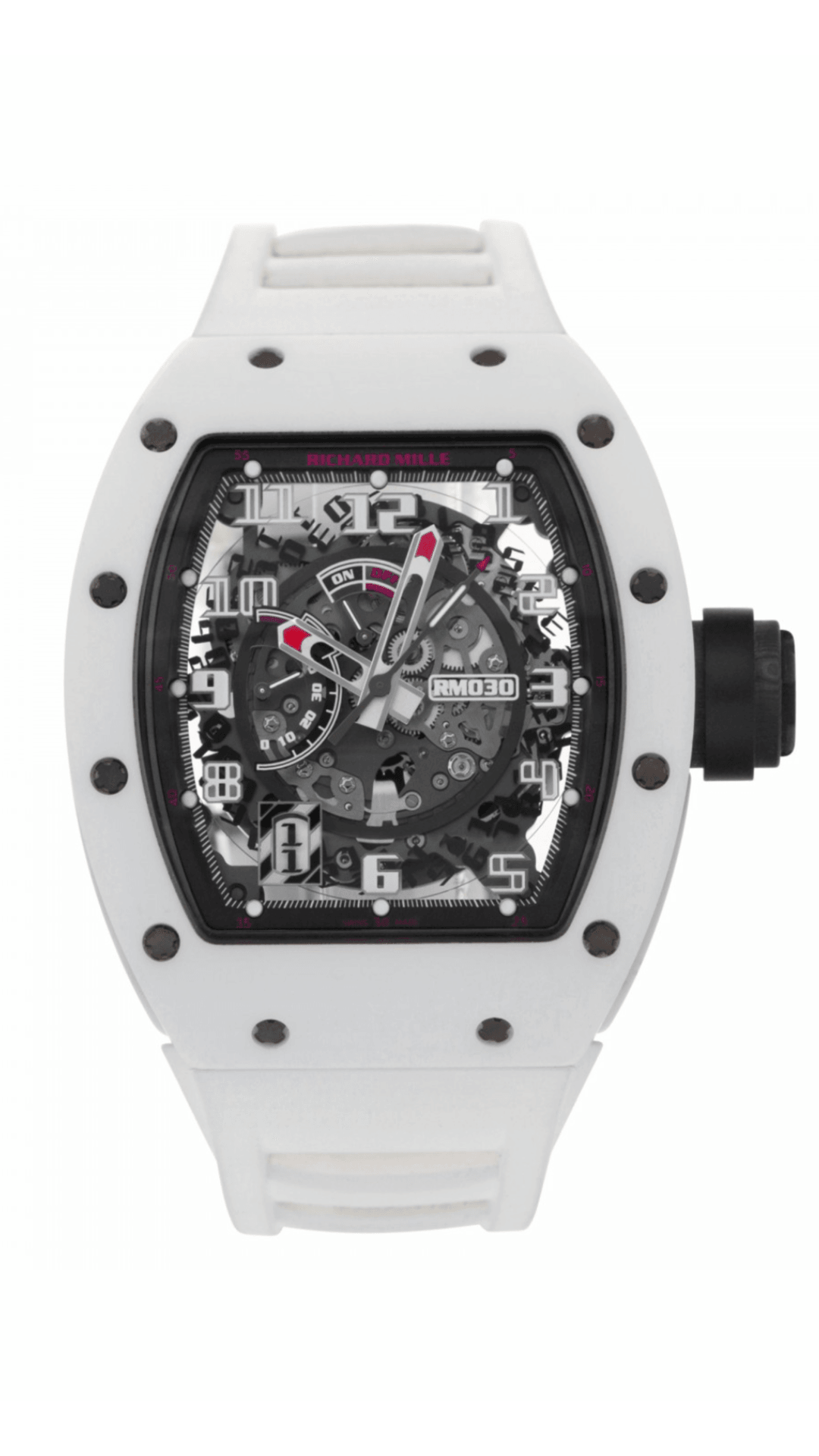 Richard Mille RM30 White Rush luxury watch with white strap and detailed dial, displayed on a watch stand.