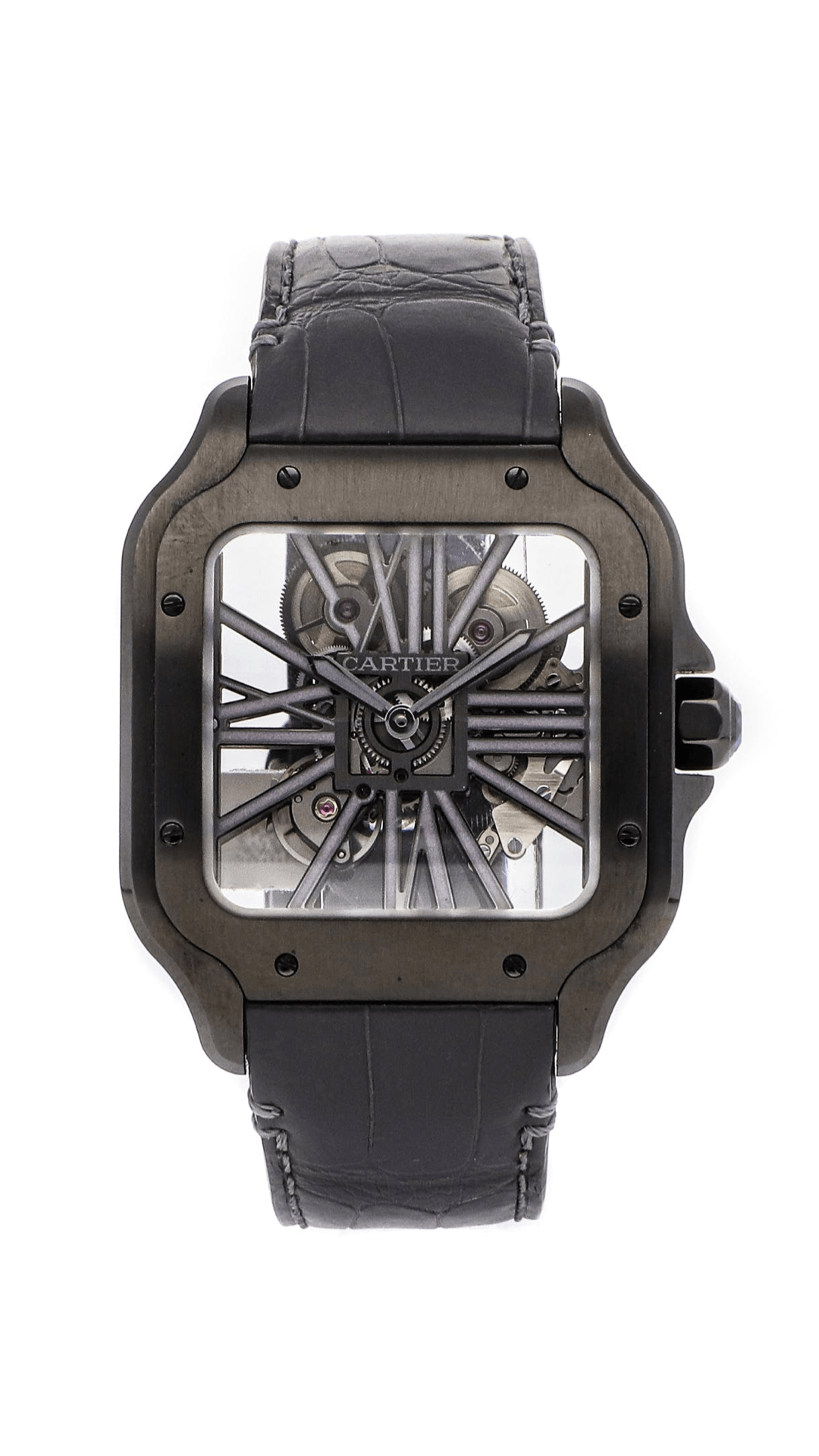 Cartier Santos de Cartier Skeleton watch with a sleek skeleton dial and stainless steel case, featuring black leather strap.