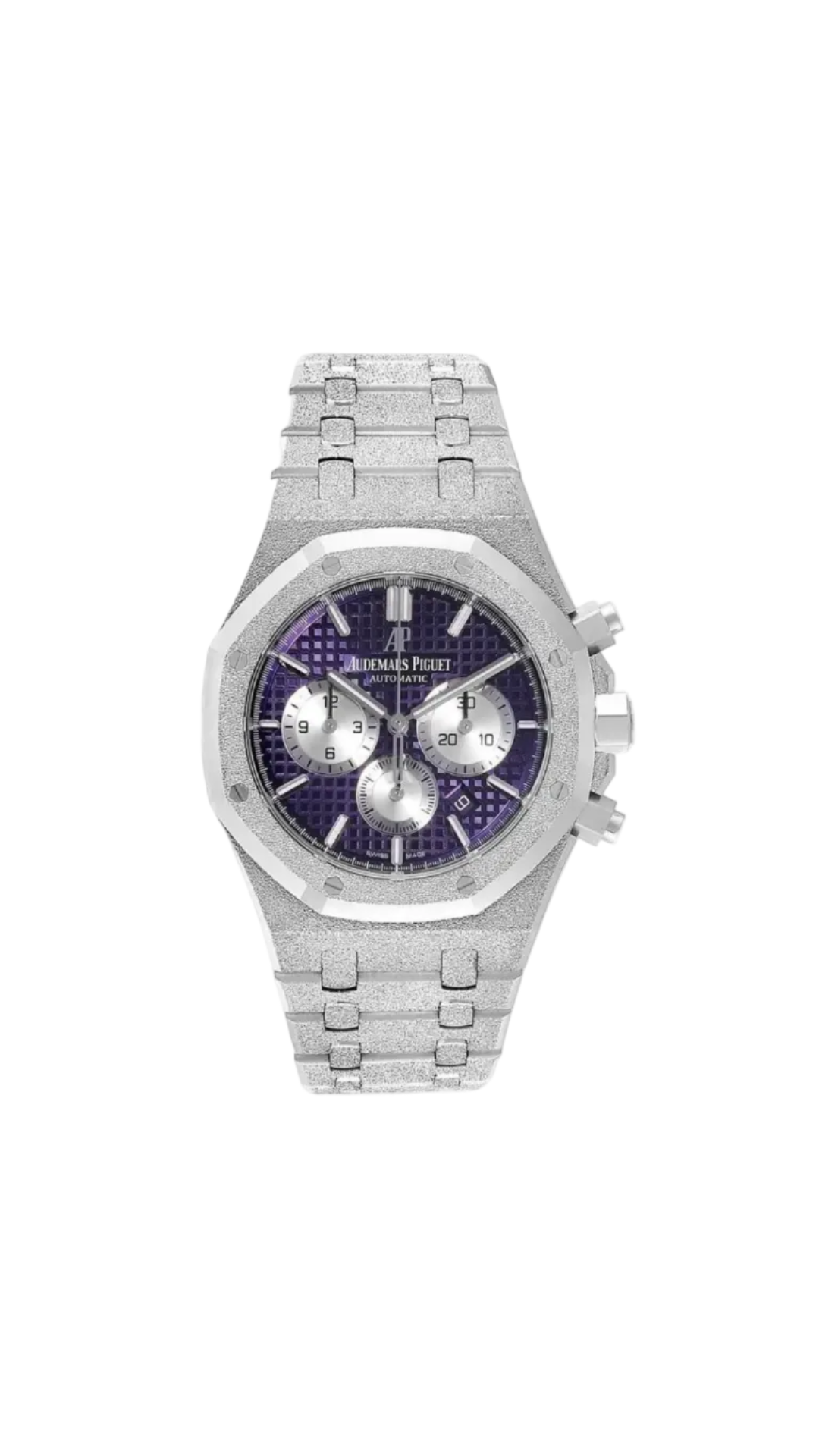Audemars Piguet Royal Oak Frosted Chronograph watch with purple dial and stainless steel case, detailed close-up image.