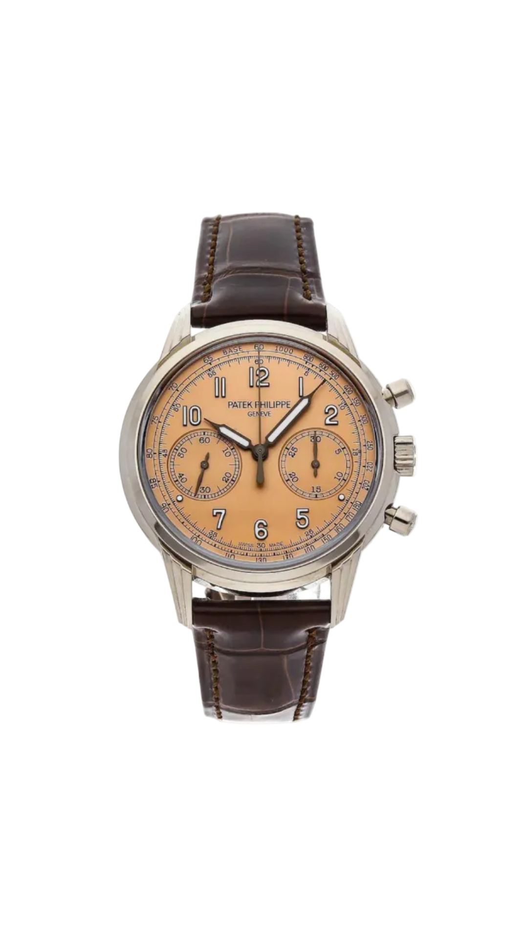 Rose gold Patek Philippe Geneve 5172G chronograph watch with black dial and leather strap, showcasing elegant timepiece details.
