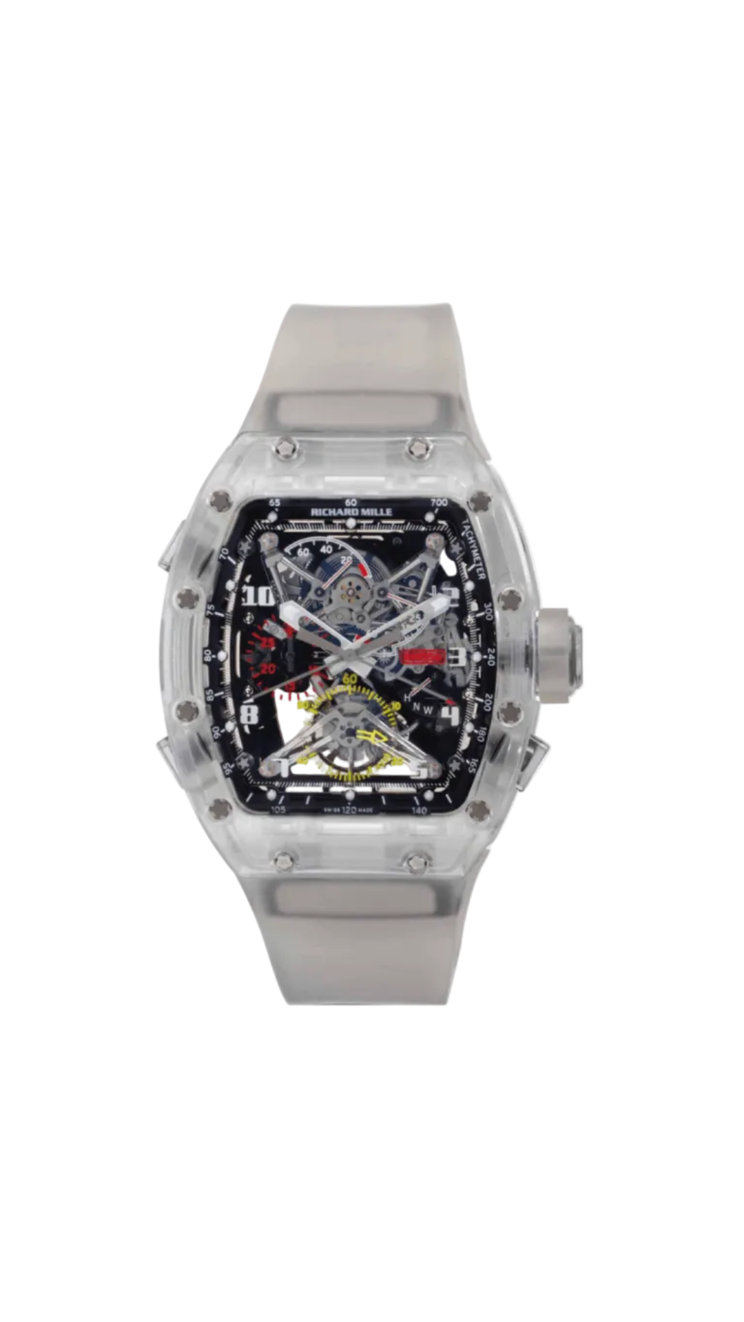 Richard Mille RM056 Sapphire Split Seconds Tourbillon watch with transparent sapphire case and intricate mechanical movement.