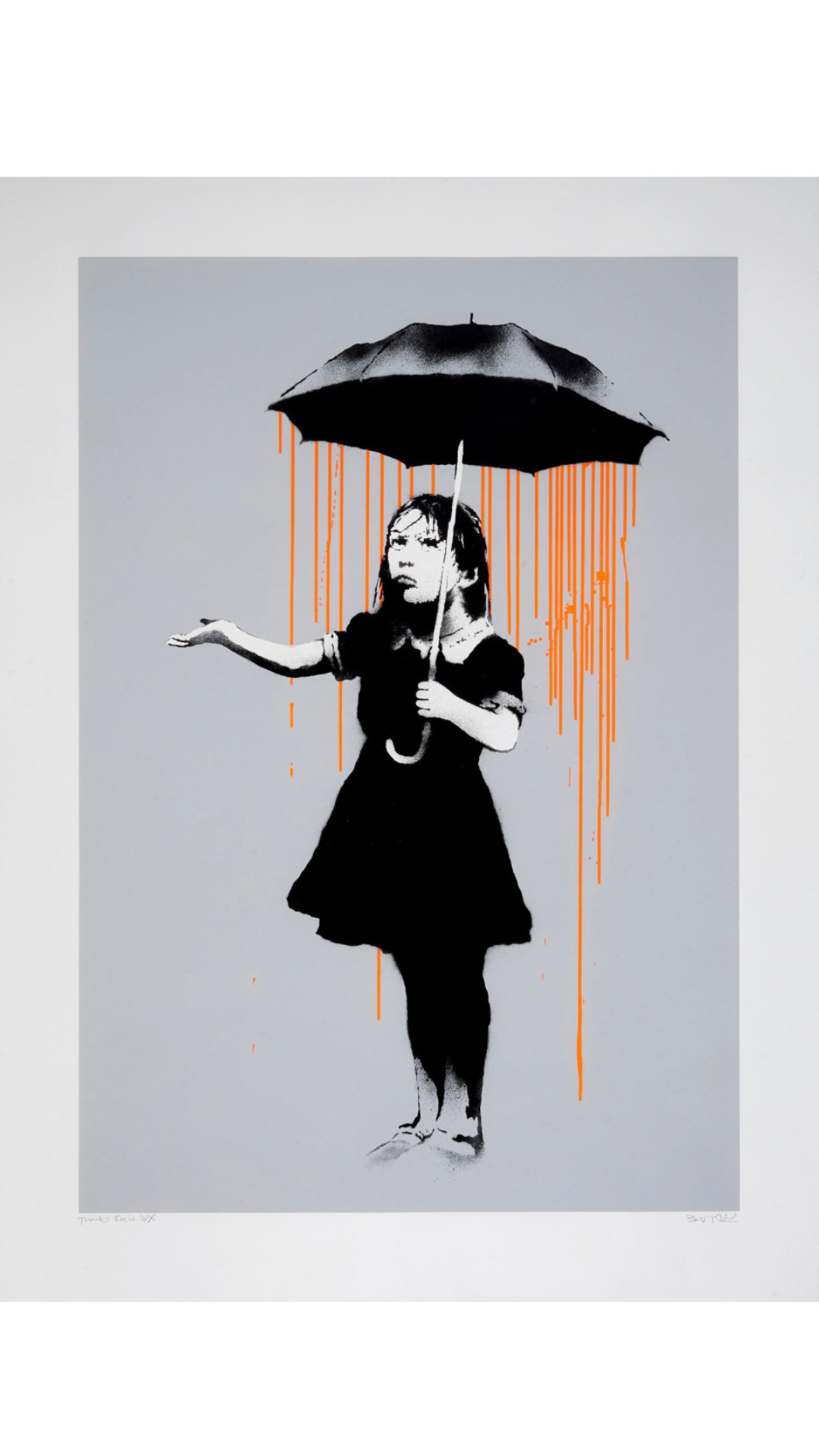Banksy ‘Nola Orange Rain’ art print by The VAULT, featuring vibrant orange rain graffiti-style street art illustration.