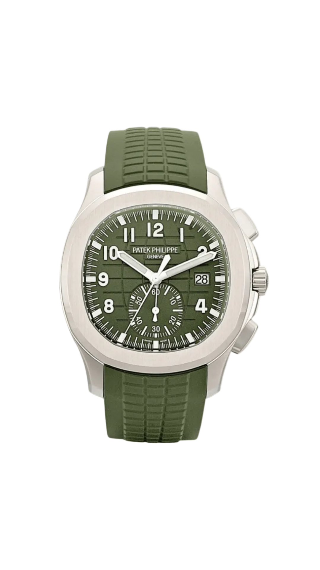 Patek Philippe Aquanaut 5968G luxury watch with silver dial and white rubber strap, displayed on a white background.
