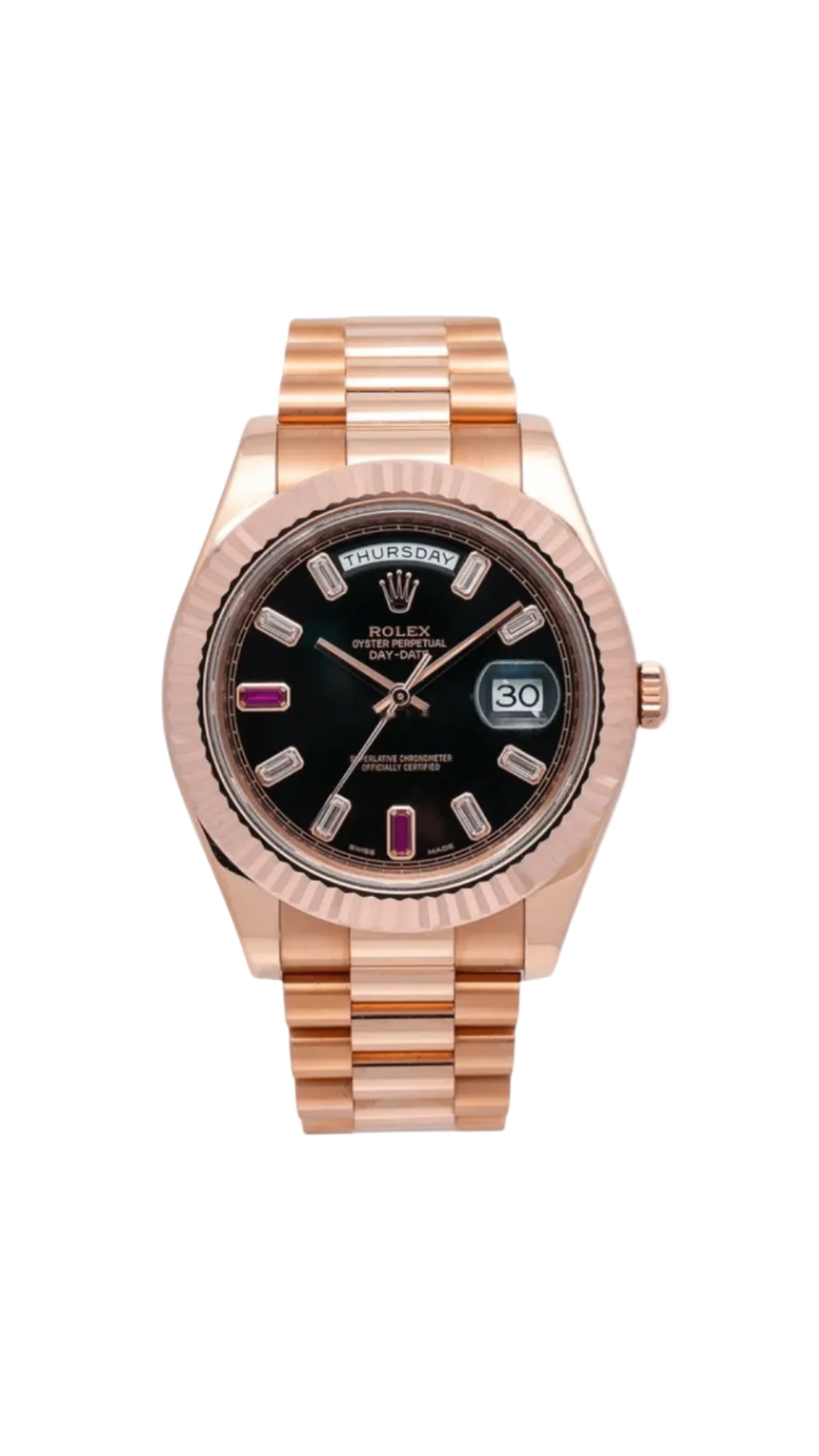 Rolex Day-Date II 218235-BLKDFP 41mm Black Baquette Diamonds Ruby Fluted Rose Gold President - HauteLuxuryWatches