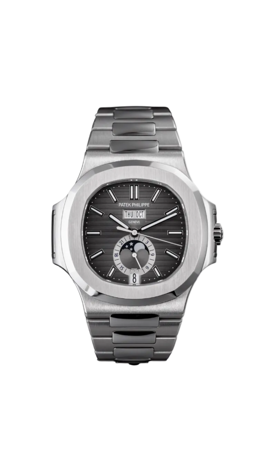 Patek Philippe Nautilus 5726/1A annual calendar watch with stainless steel case and black dial, showcasing elegant design.