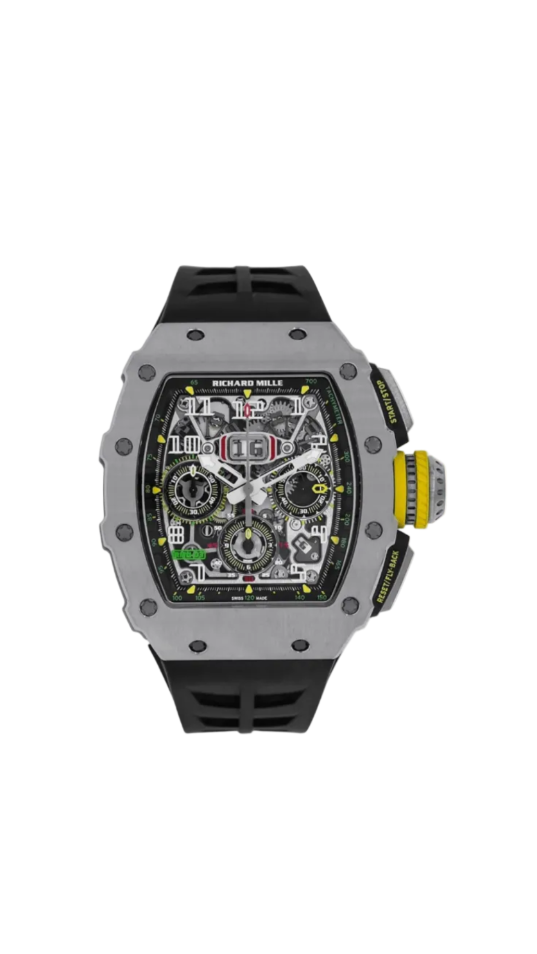 Richard Mille RM11-03 titanium luxury watch with skeleton dial and chronograph features.