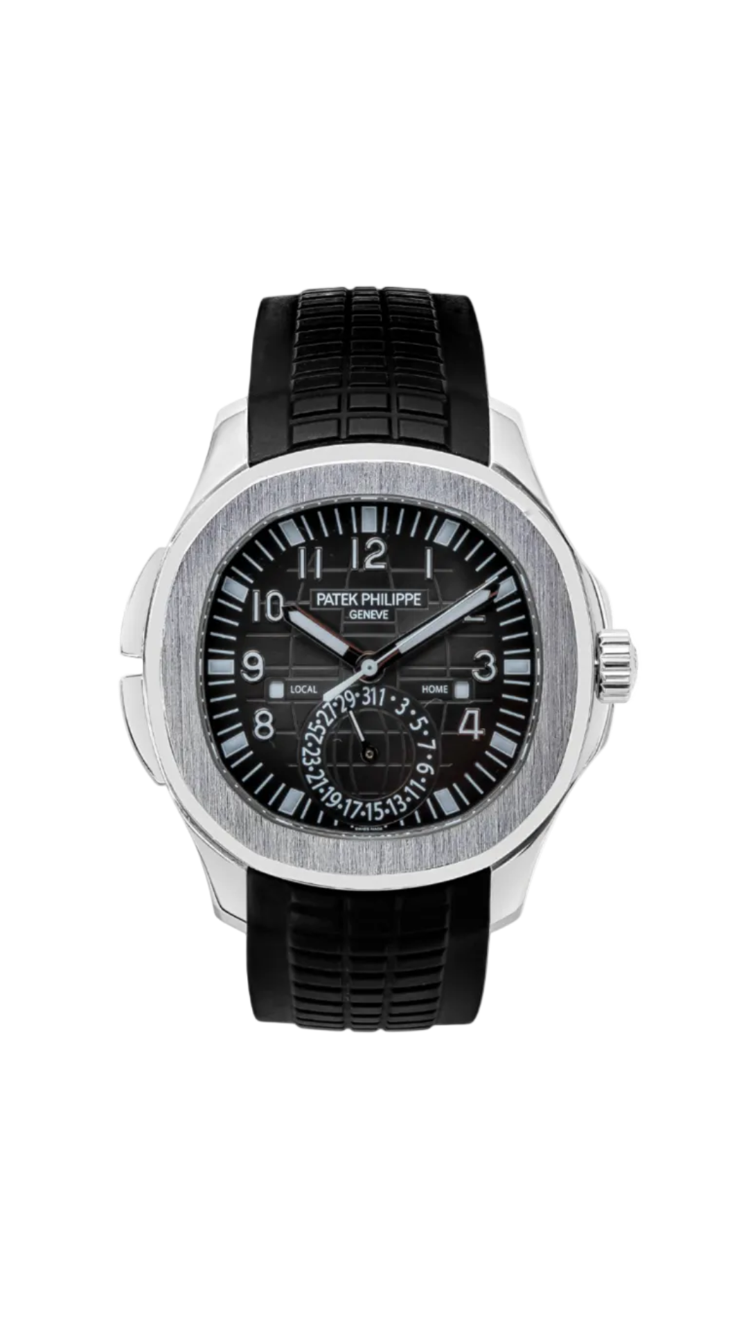 Patek Philippe Aquanaut Travel Time Ref. 5164A luxury watch with stainless steel case and black dial, shown in close-up detail.