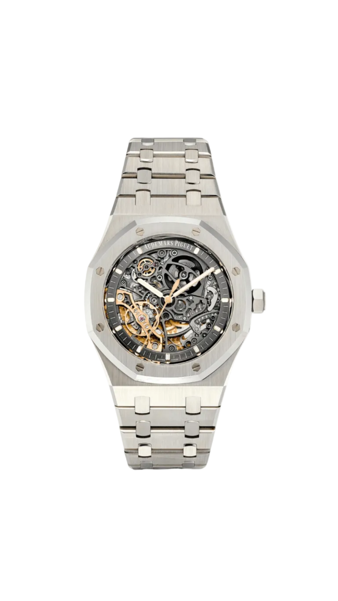 Audemars Piguet Royal Oak Double Balance Skeleton watch with open-worked dial and stainless steel case, showing intricate movement details.
