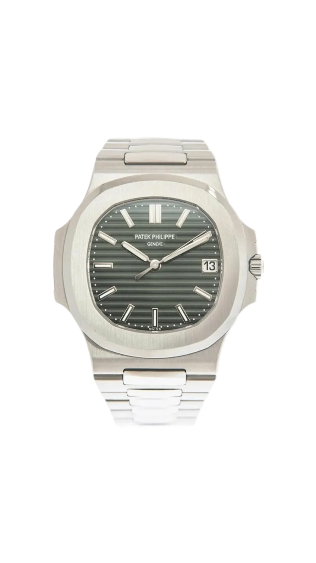 Green Patek Philippe Nautilus 5711/1A-014 luxury watch with stainless steel case and bracelet, detailed dial, and distinctive porthole design