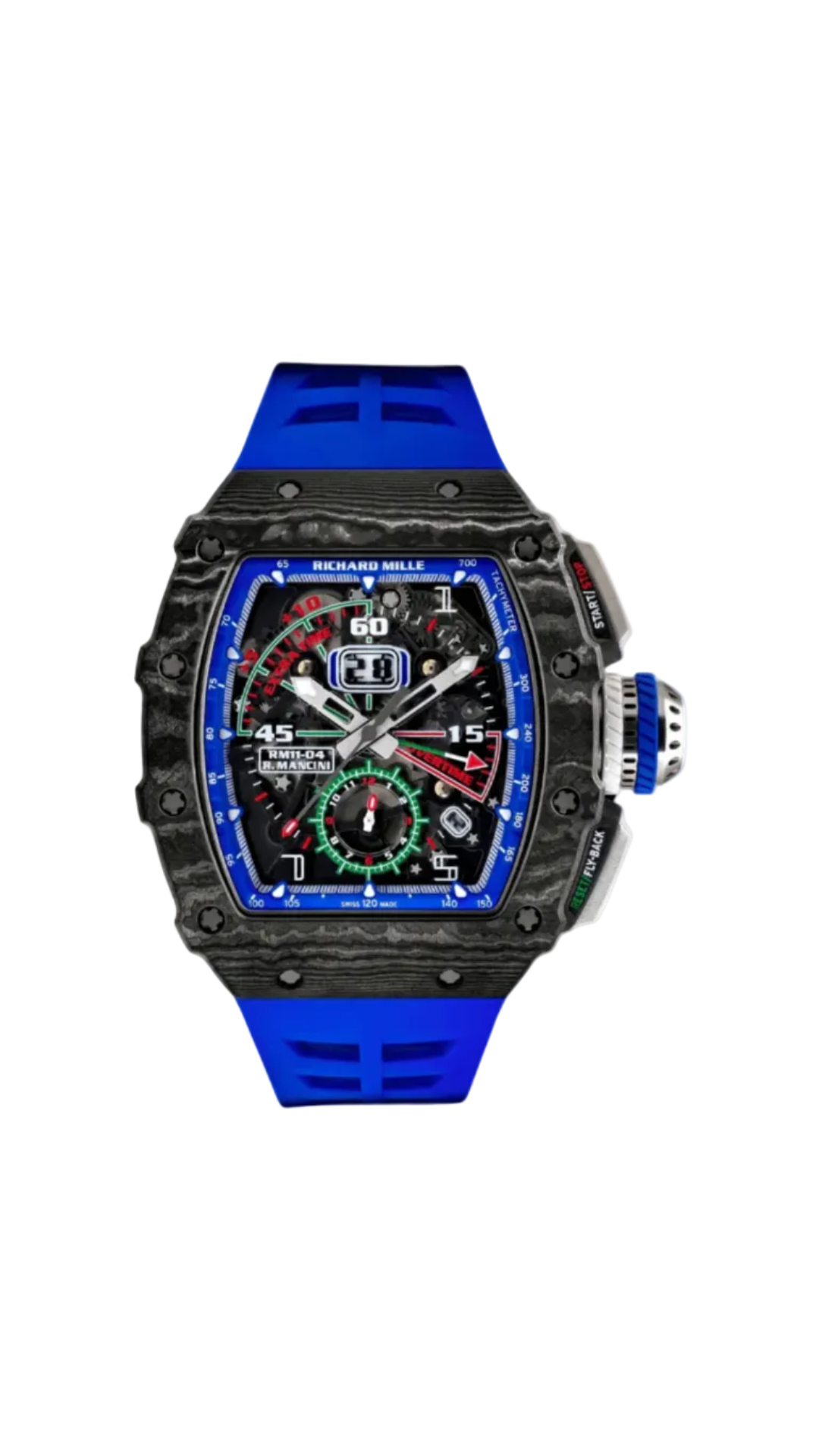 Richard Mille RM11-04 Roberto Mancini luxury watch with stainless steel case and black rubber strap, detailed dial and chronograph features