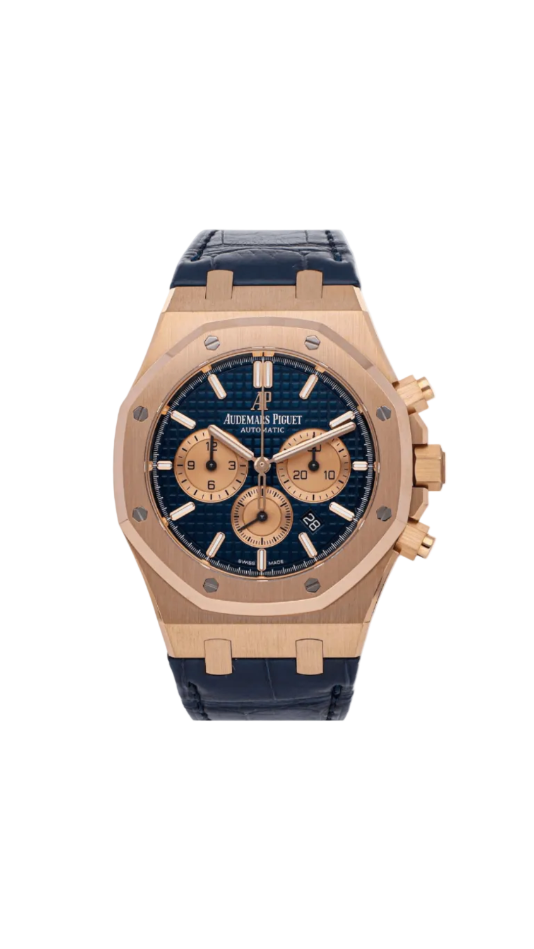 Audemars Piguet Royal Oak Chronograph watch with gold case, black dial, and stainless steel bracelet, showcasing detailed chronograph features.