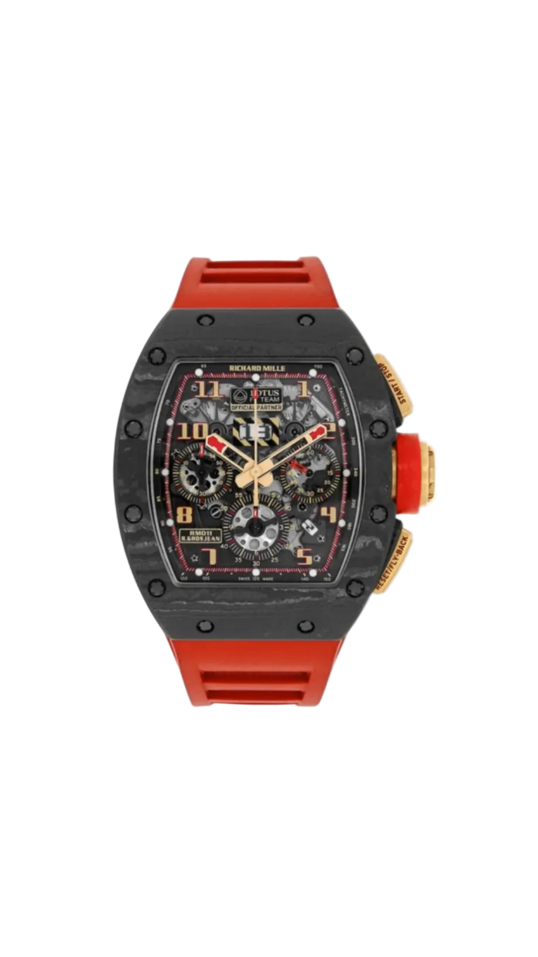 Richard Mille RM11 F1 Lotus Romain Grosjean watch with black strap and detailed dial, showcasing luxury Swiss craftsmanship.