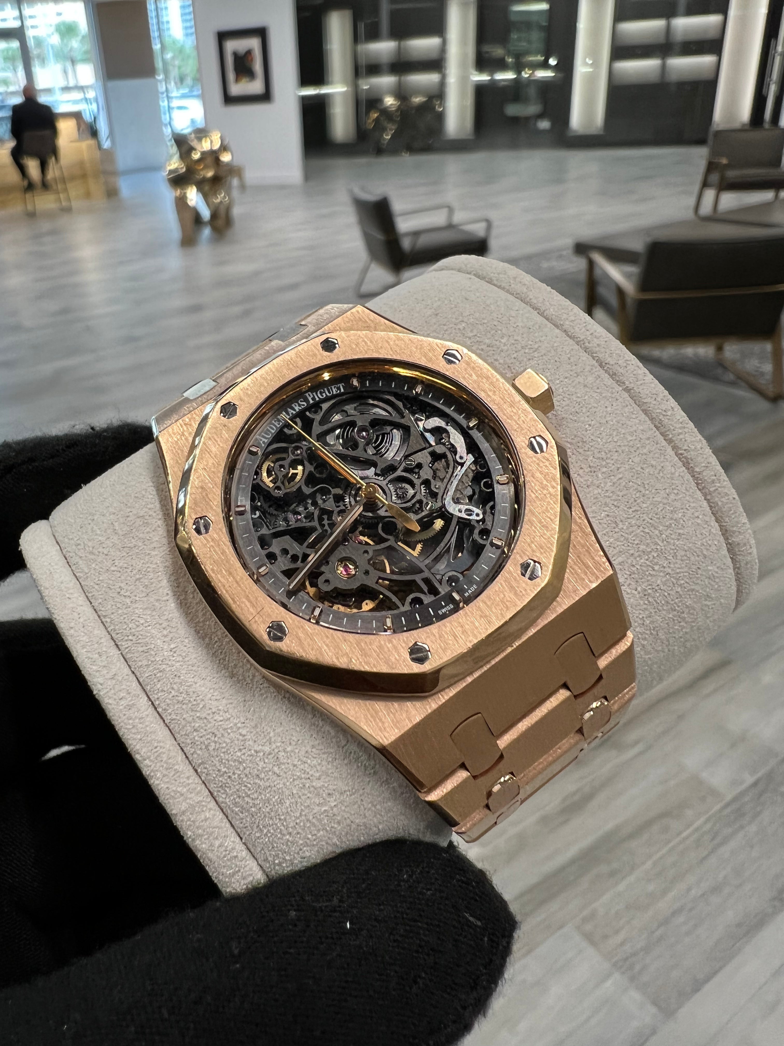 Audemars Piguet Royal Oak Double Balance Wheel openworked watch featuring a detailed skeleton dial and intricate mechanical movement.