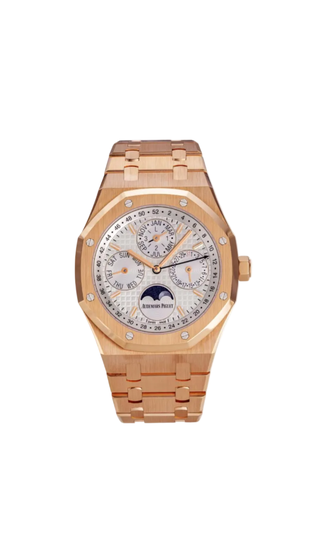 Audemars Piguet Royal Oak Perpetual Calendar watch with gold case, black dial, and detailed calendar subdials.
