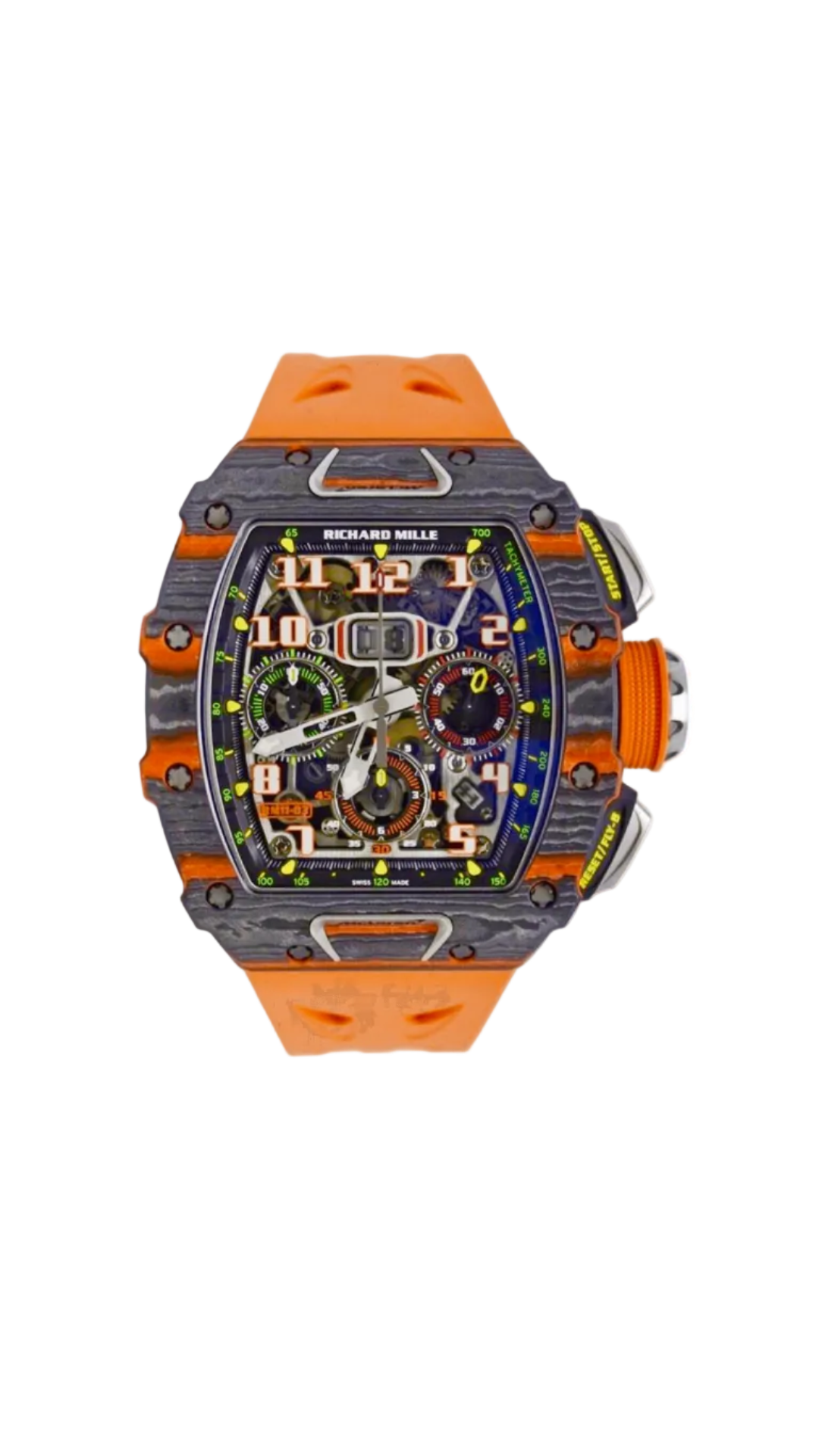 Richard Mille RM11-03 McLaren flyback chronograph watch with black and orange details, stainless steel case, and detailed dial.