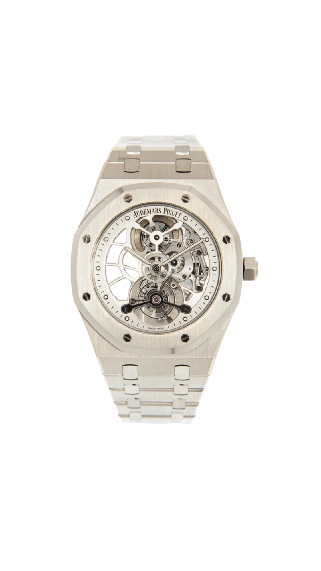 Audemars Piguet Royal Oak Tourbillon watch with stainless steel case, black dial, and visible tourbillon movement.