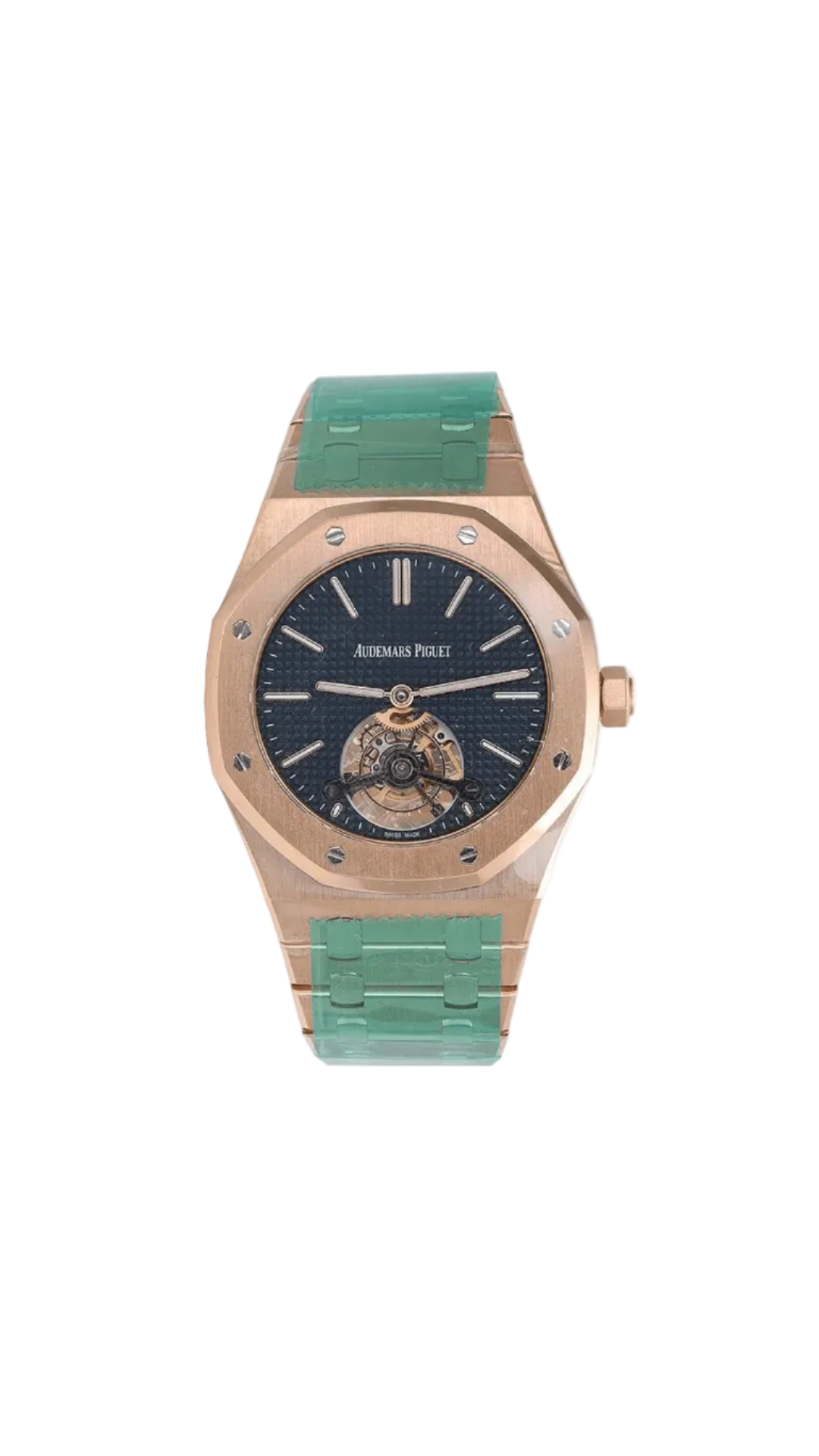 Audemars Piguet Royal Oak Extra Thin Tourbillon watch with gold case, black dial, and visible tourbillon movement.